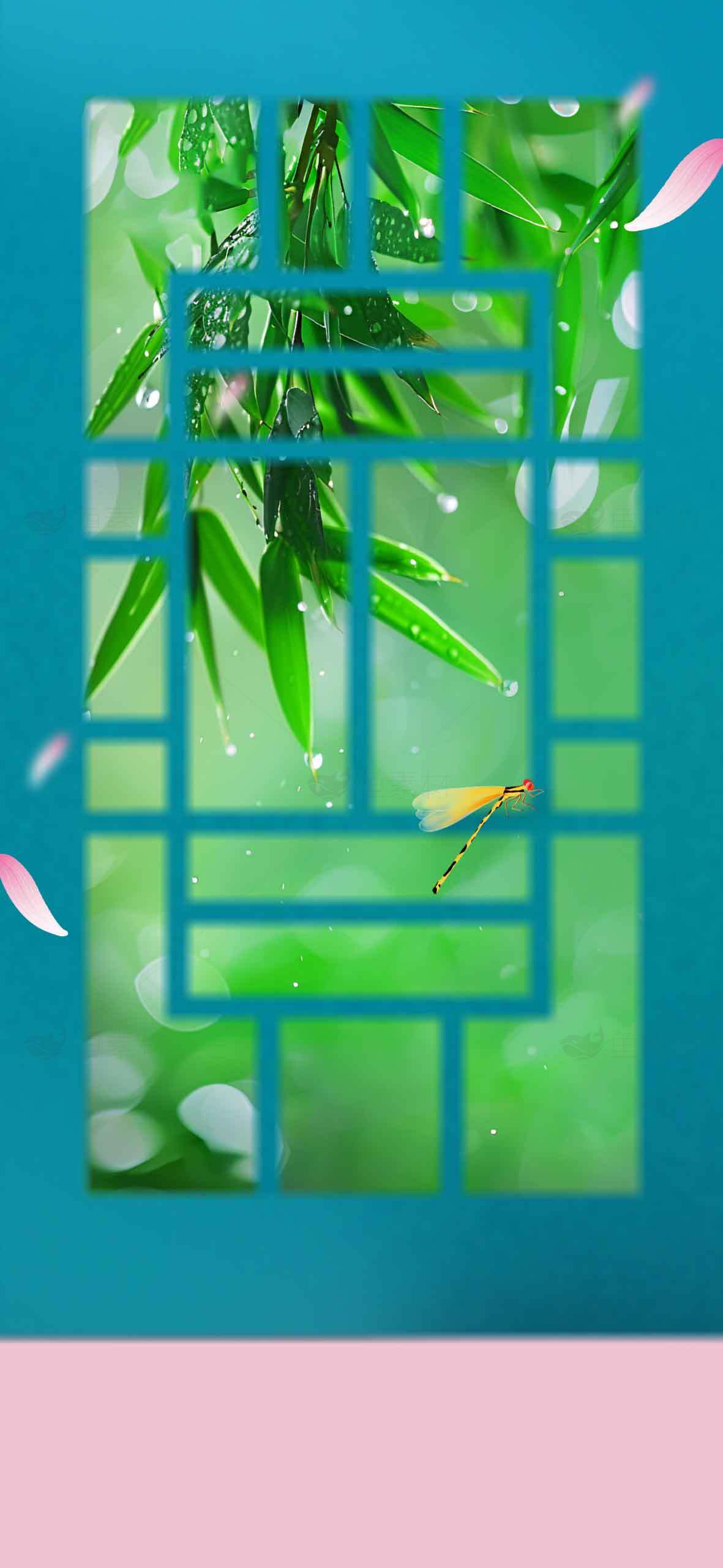 清新自然竹叶与蜻蜓背景图片素材