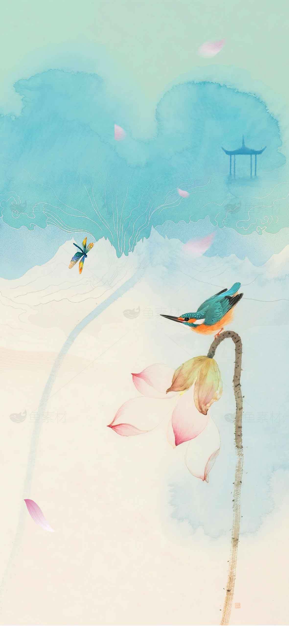 唯美中国风水墨画：翠鸟与荷花意境素材