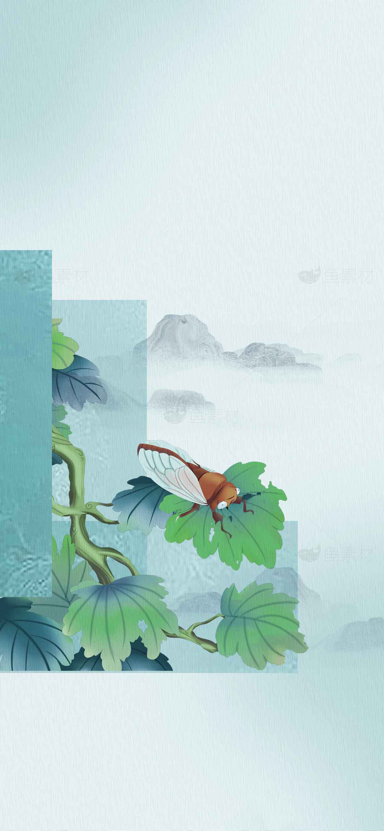国风蝉鸣山水插画背景图片素材
