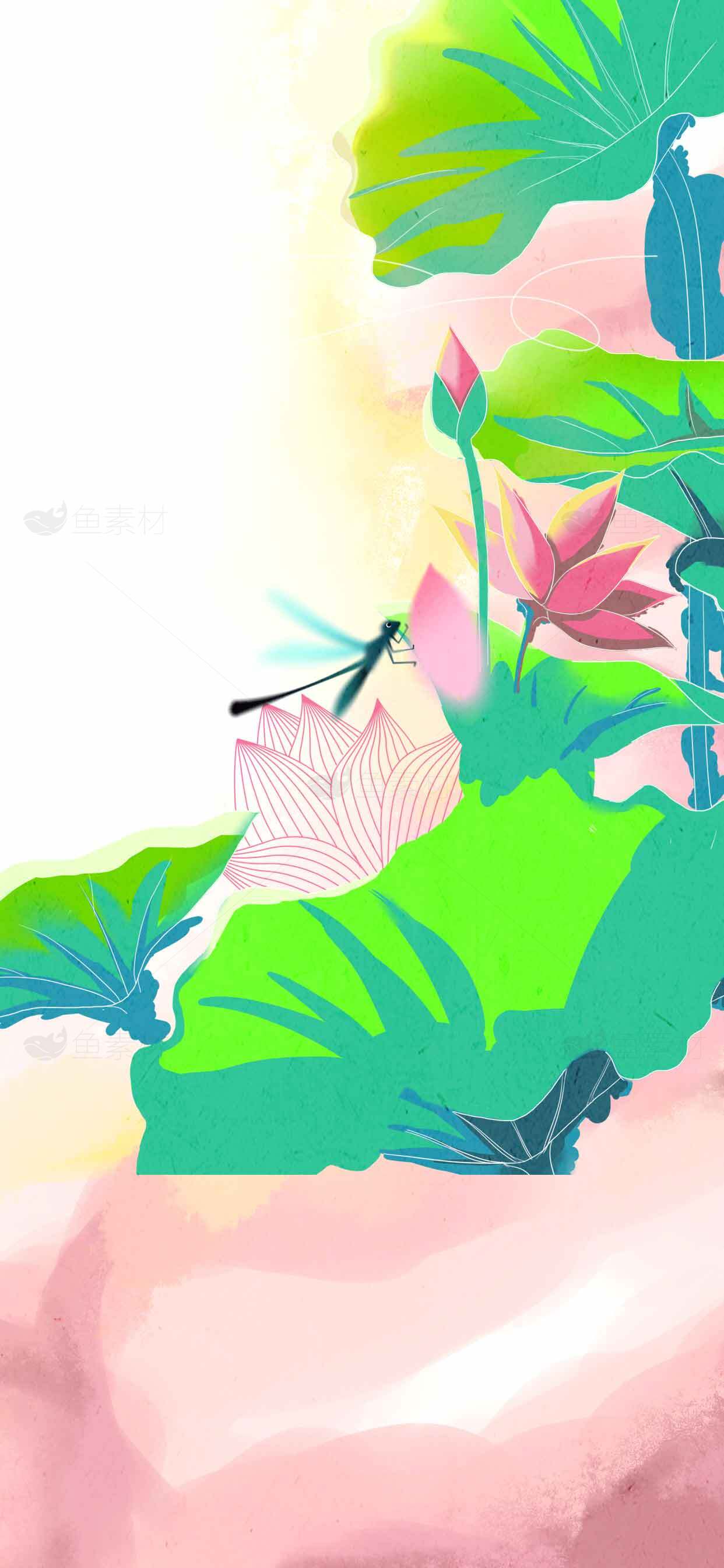 荷花与蜻蜓唯美插画设计素材