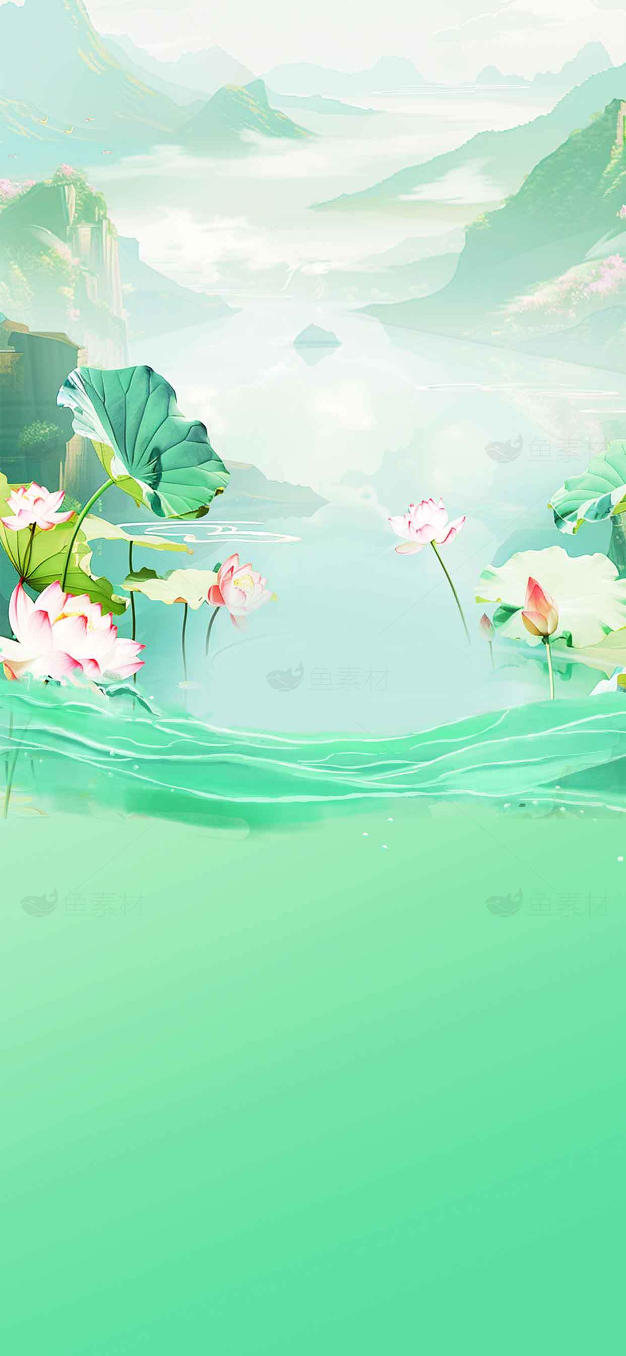 唯美荷花与山水背景图片素材