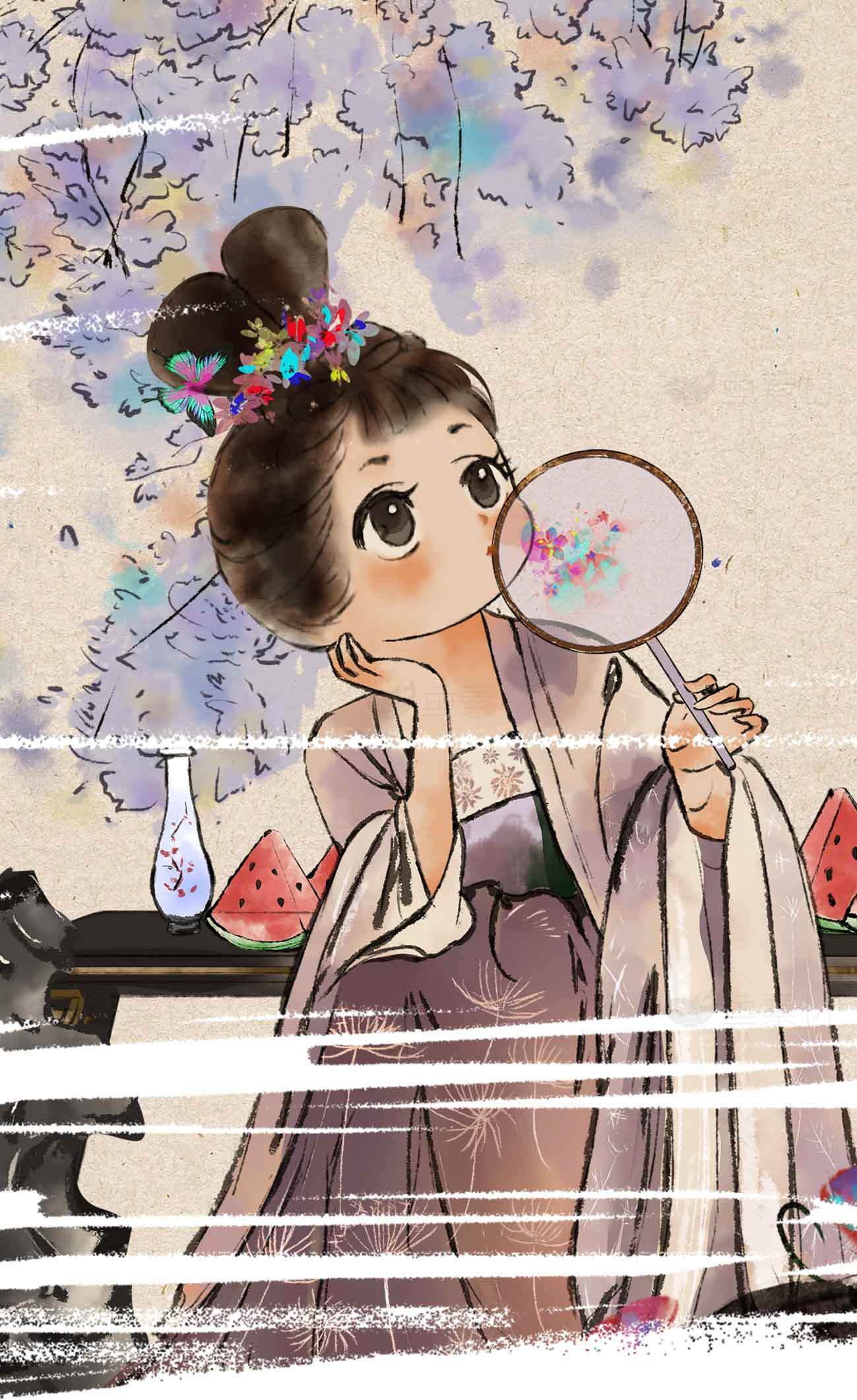 古风仕女手持团扇插画唯美意境素材