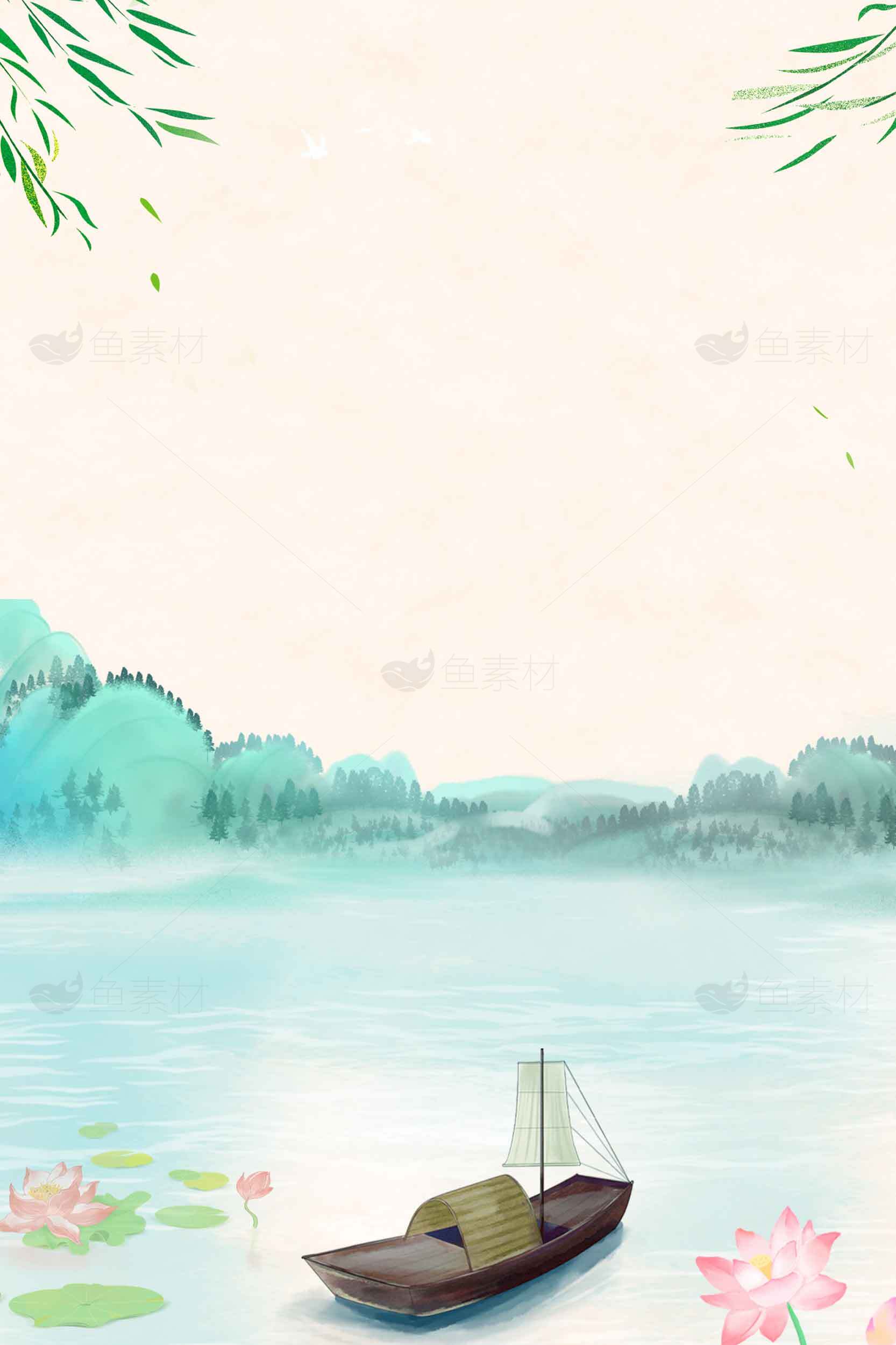 唯美水墨风湖泊船只背景图片素材
