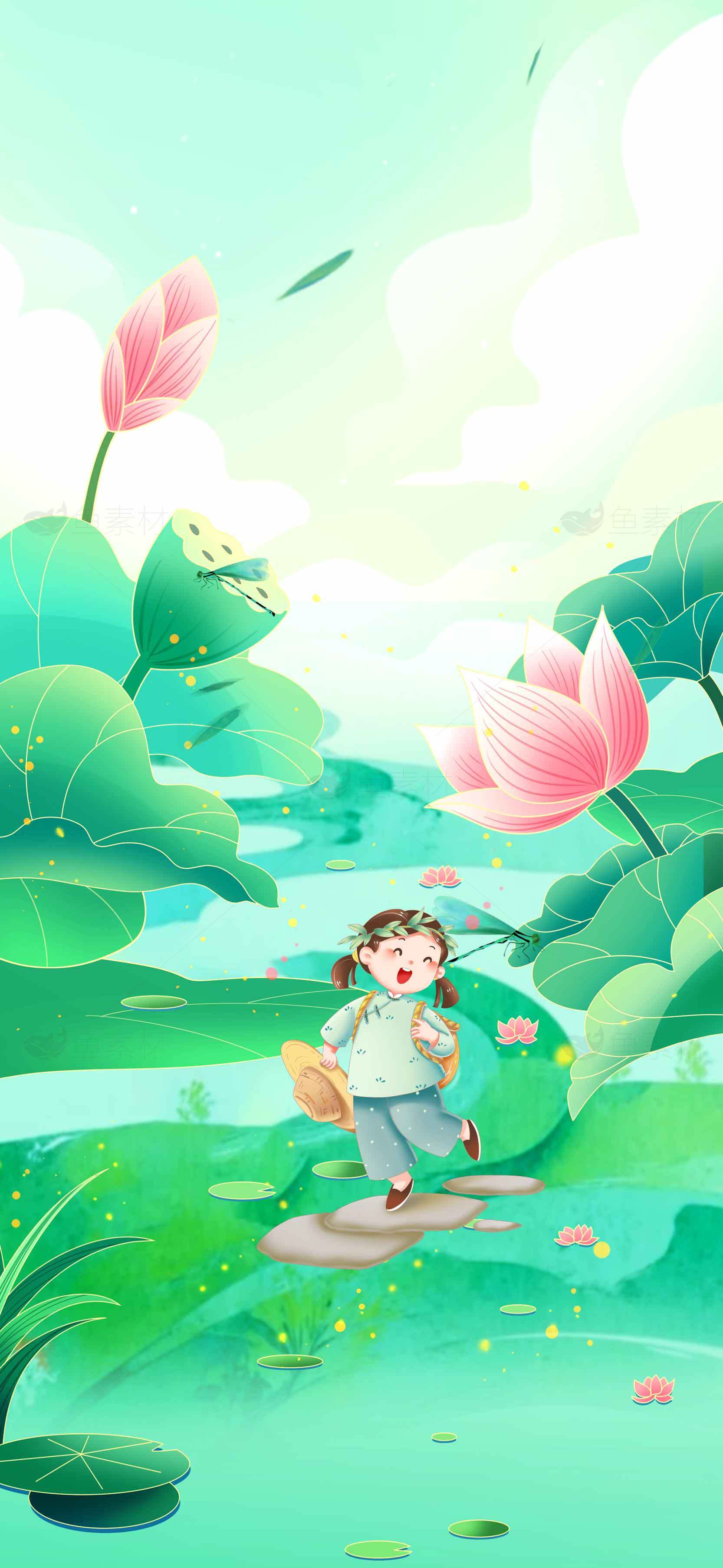 清新荷塘插画背景图片素材