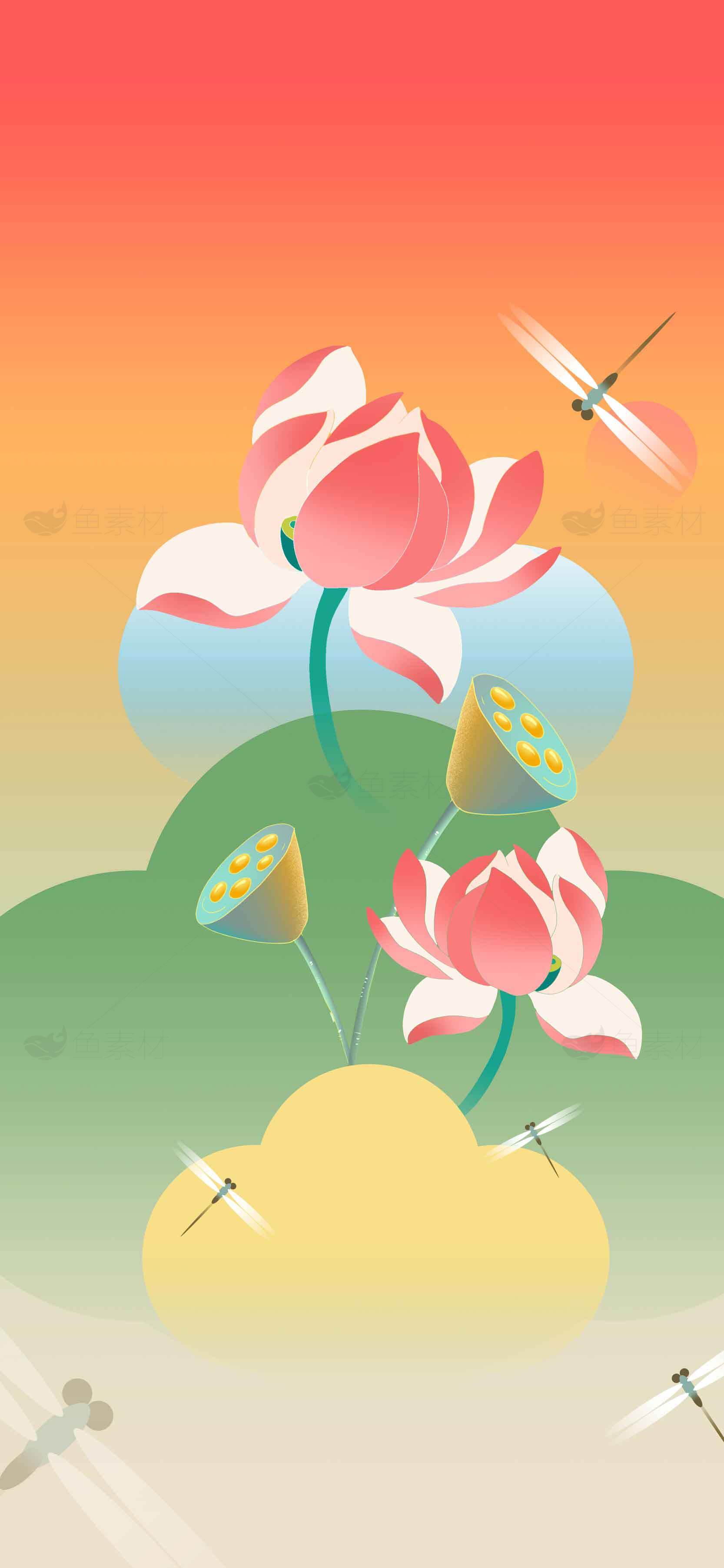 唯美荷花与蜻蜓插画背景图片素材