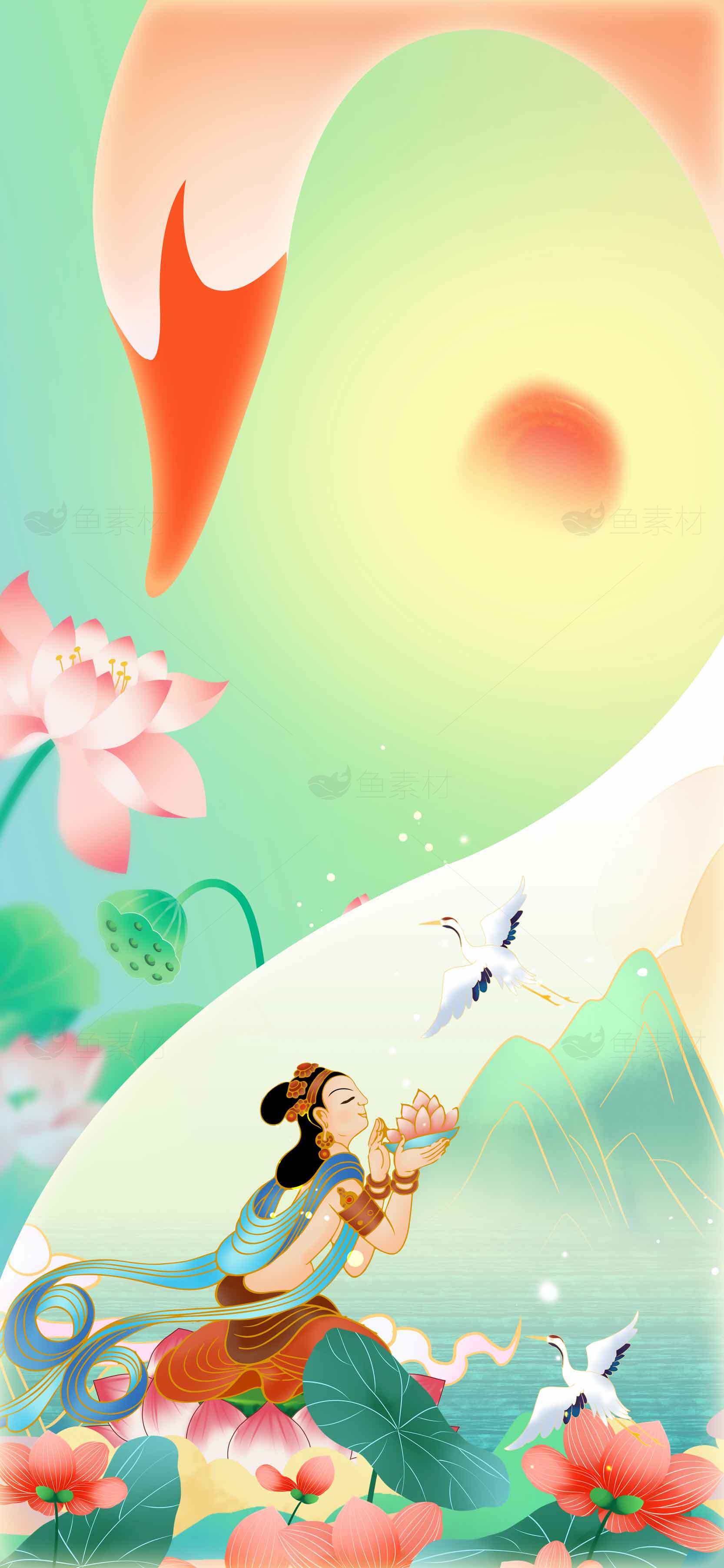 中国传统文化插画：仙鹤与莲花的唯美意境素材