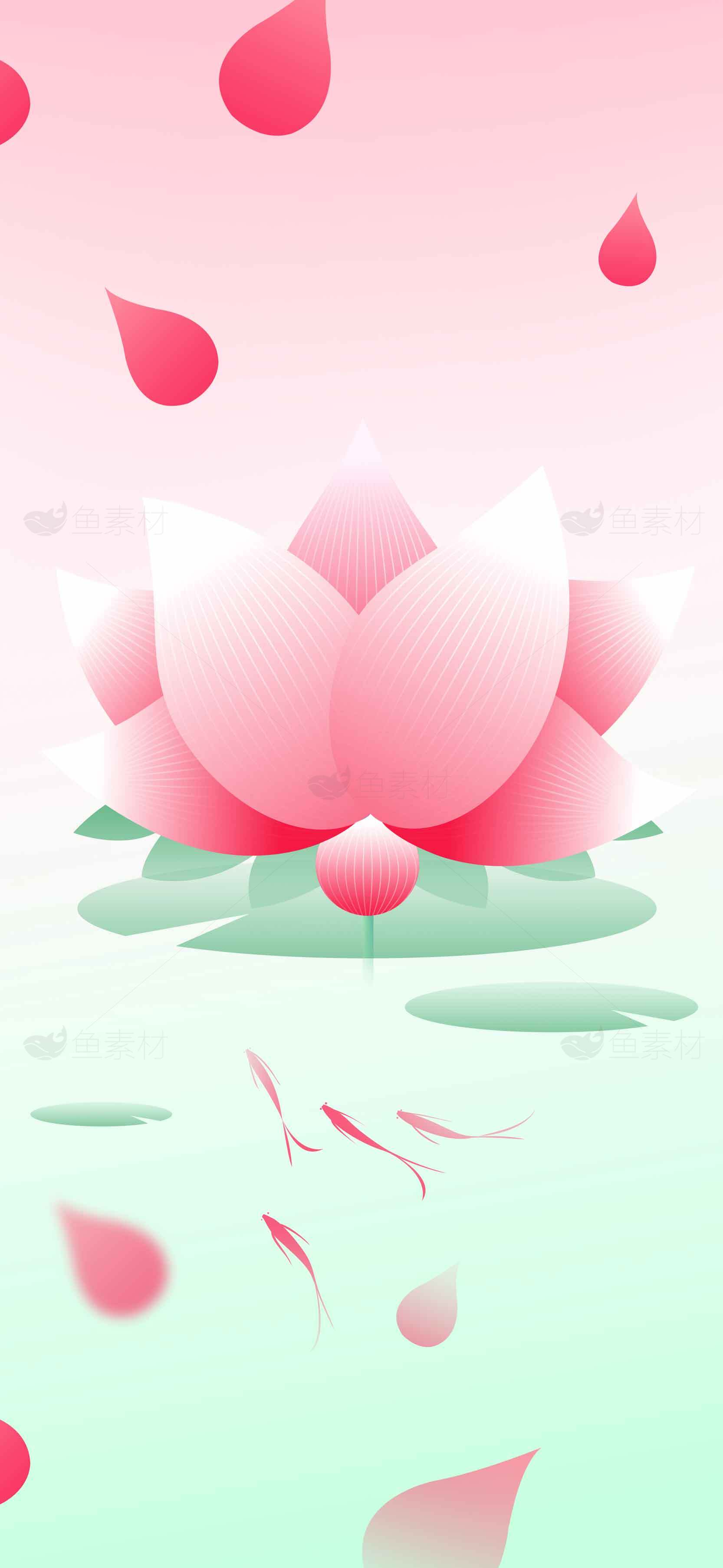 唯美粉色荷花与锦鲤插画背景图片素材