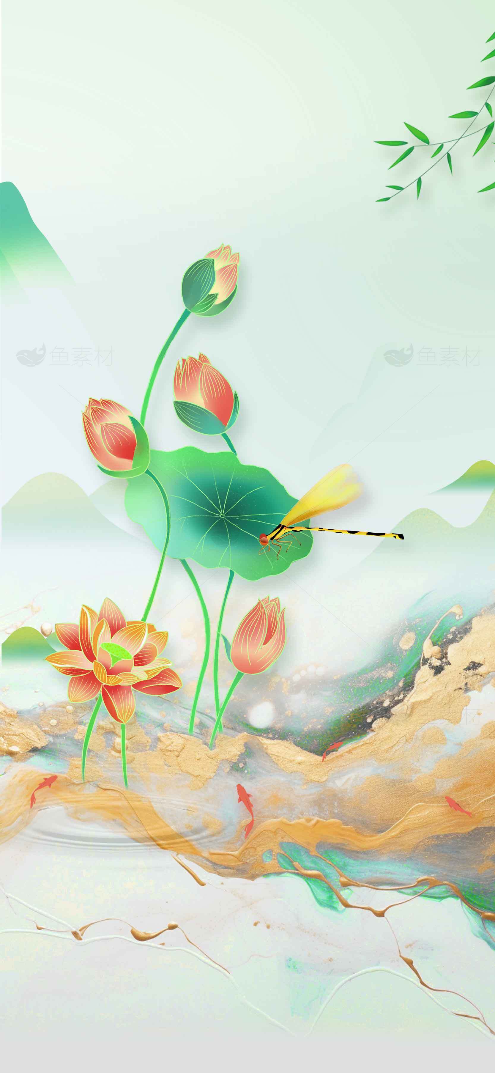 唯美荷花与蜻蜓国风背景图片素材