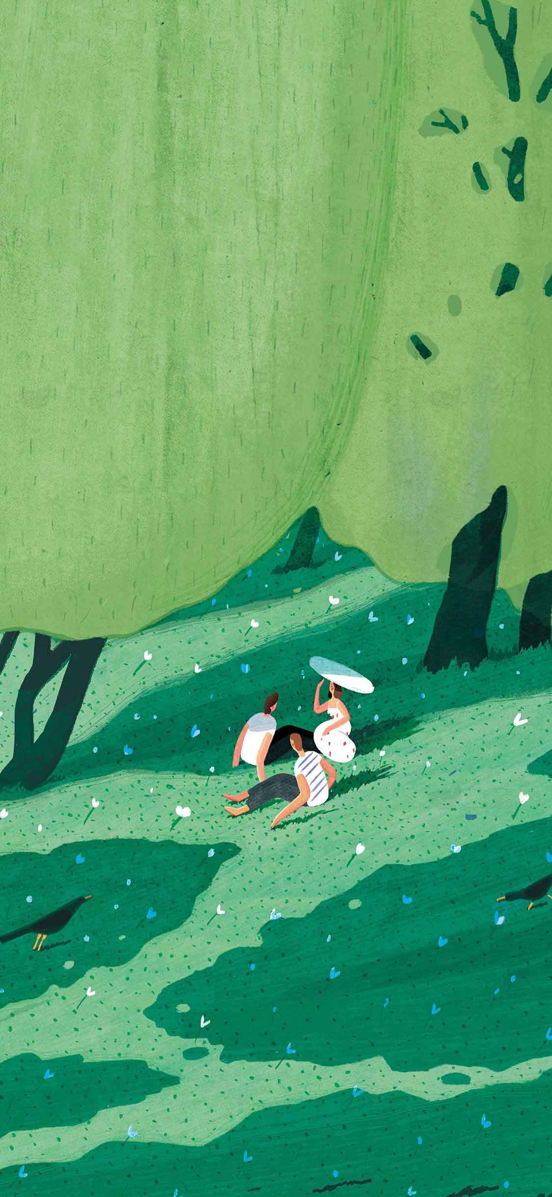 森林中的悠闲野餐场景插画素材