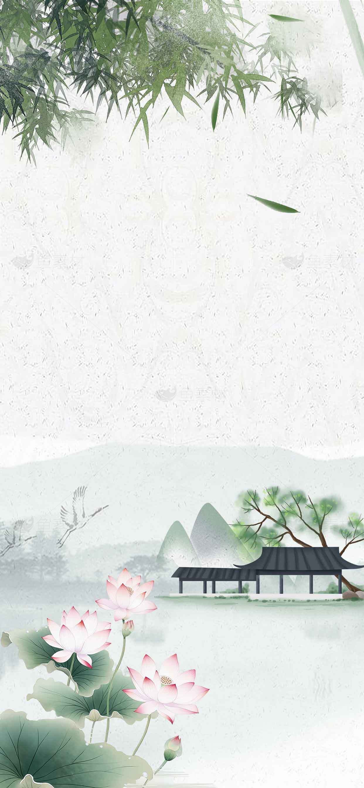 中国风水墨画背景图片：荷花与竹林意境素材