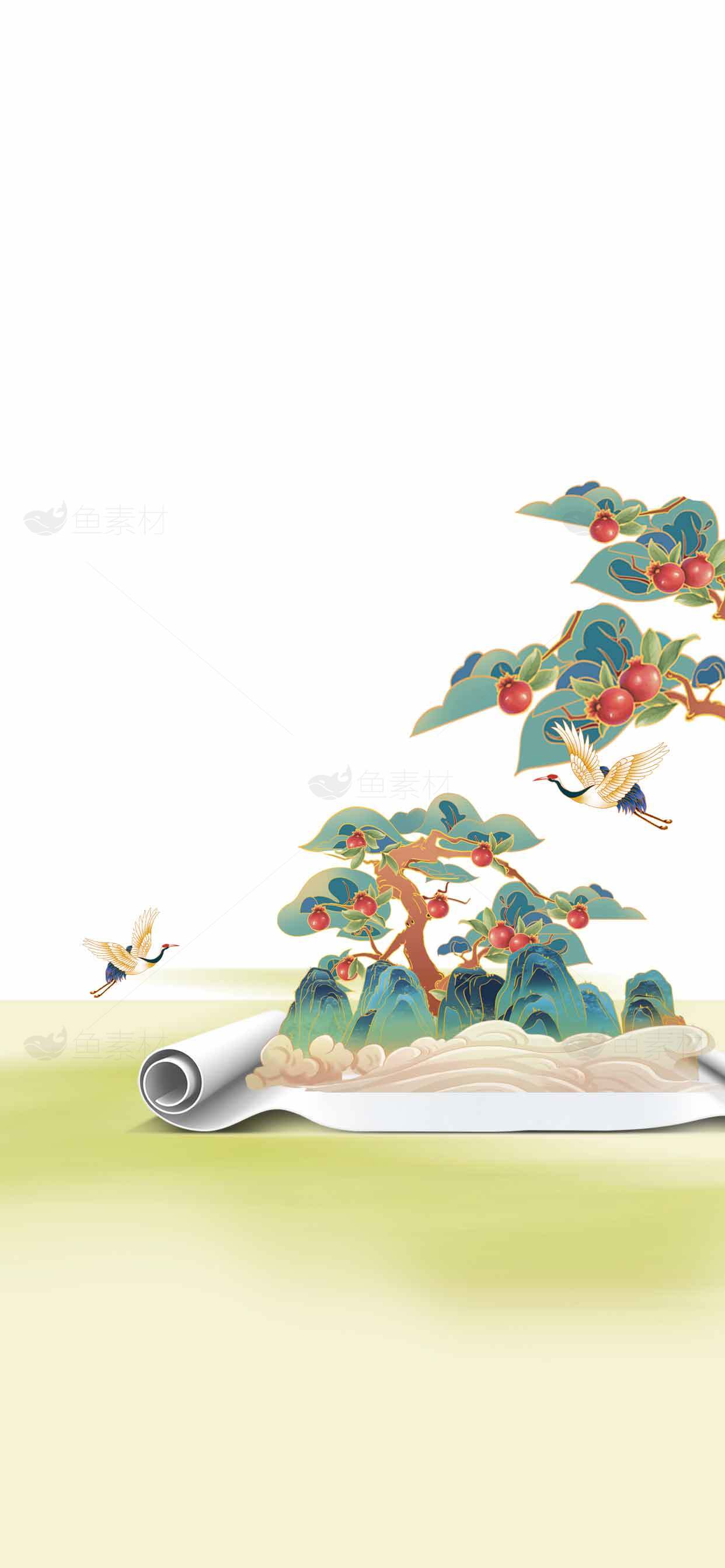 国风山水画卷与飞鸟意境插画素材