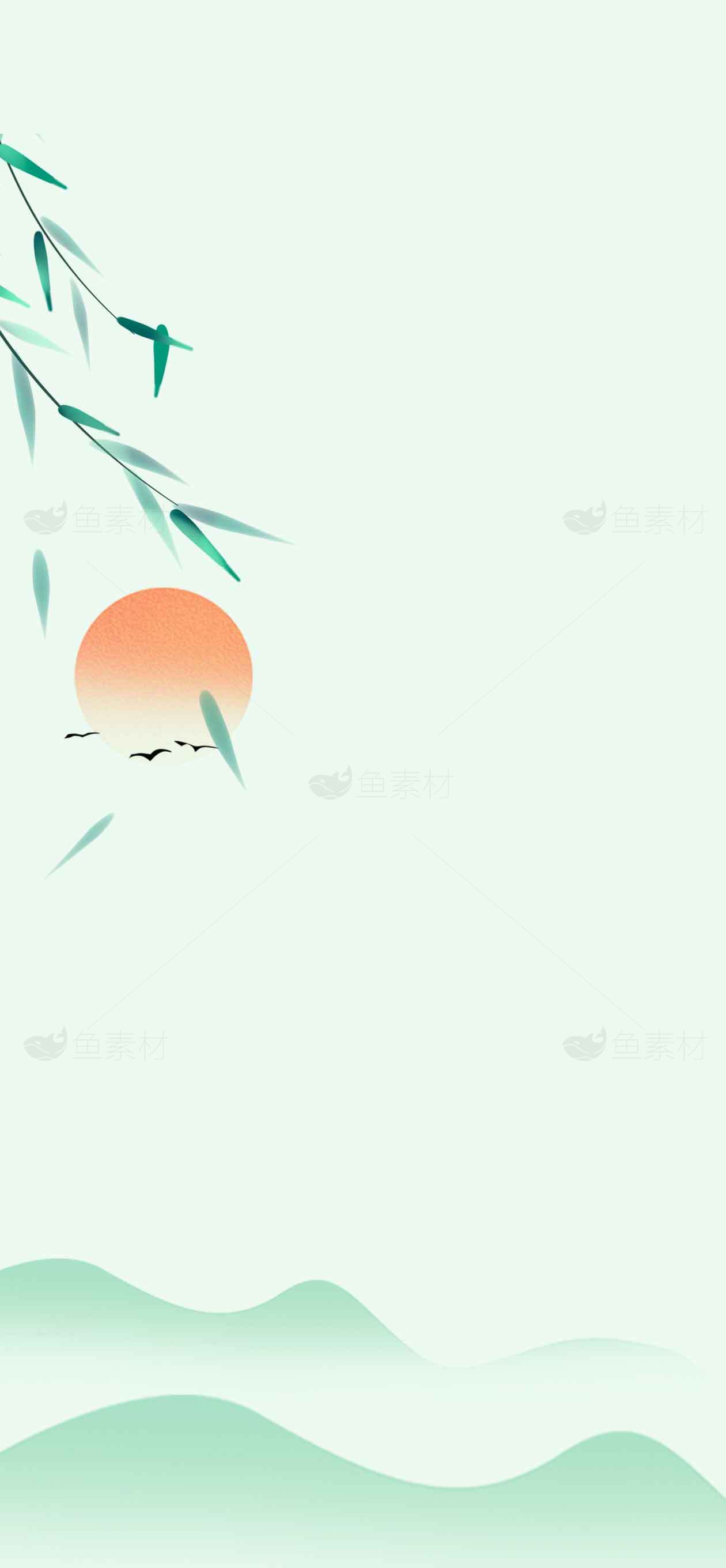 清新自然风格背景图片：竹叶与日出素材