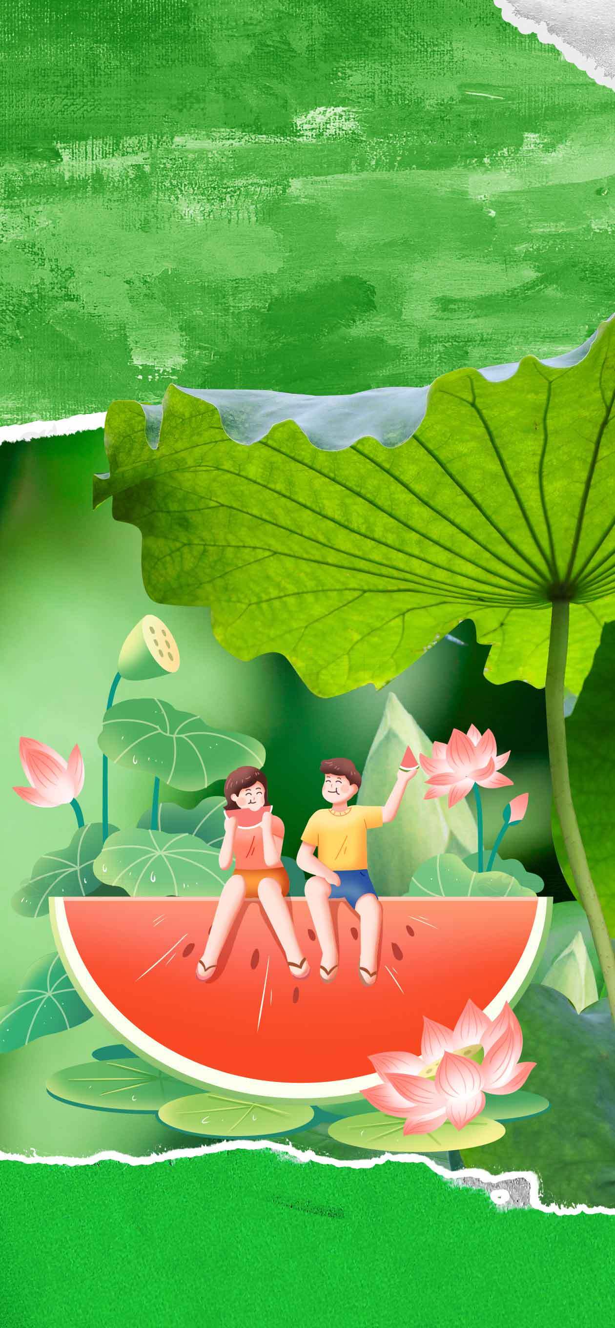 夏日荷叶与西瓜童趣插画背景素材