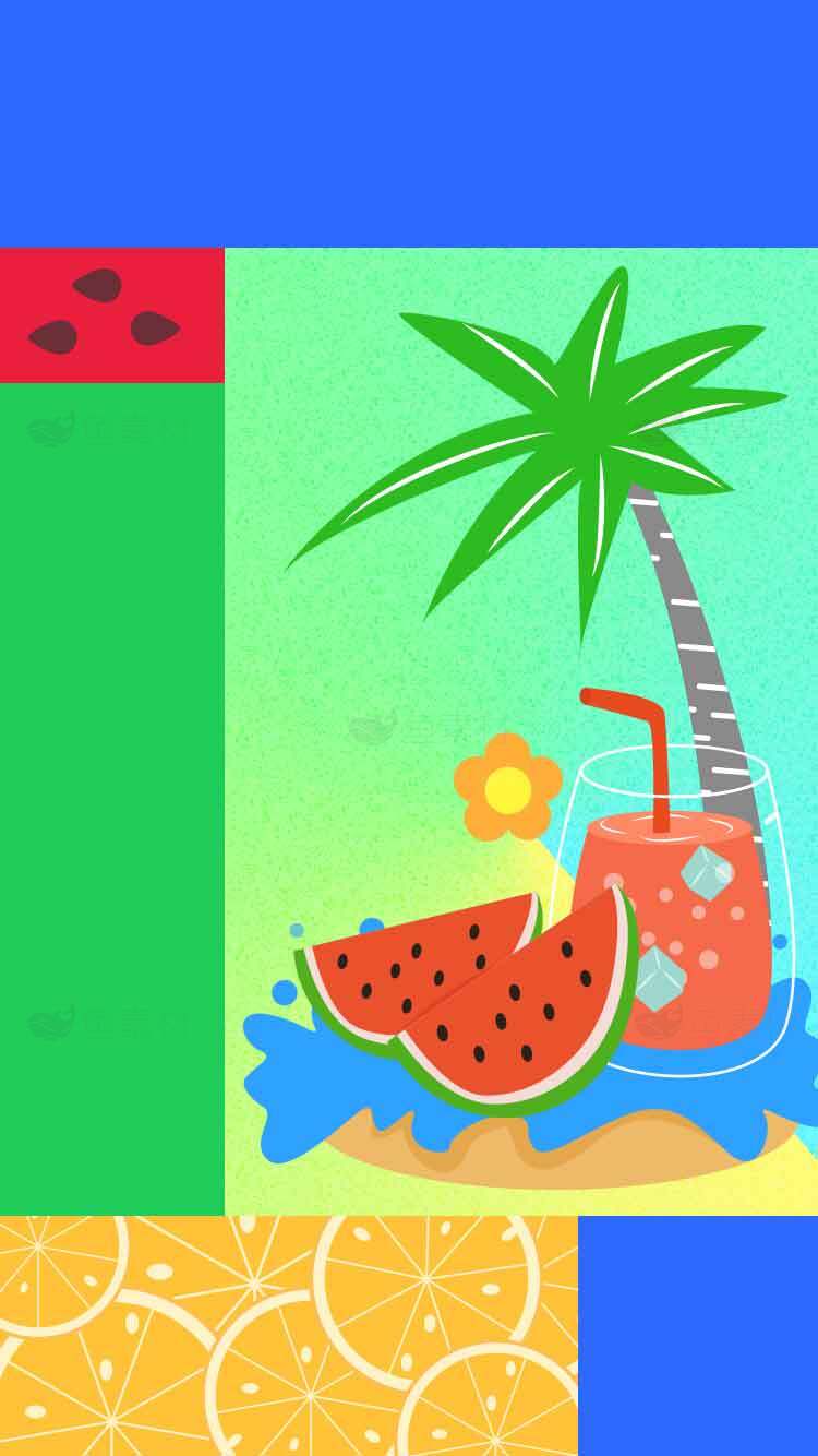 夏日清凉西瓜饮品与椰树海滩插画素材