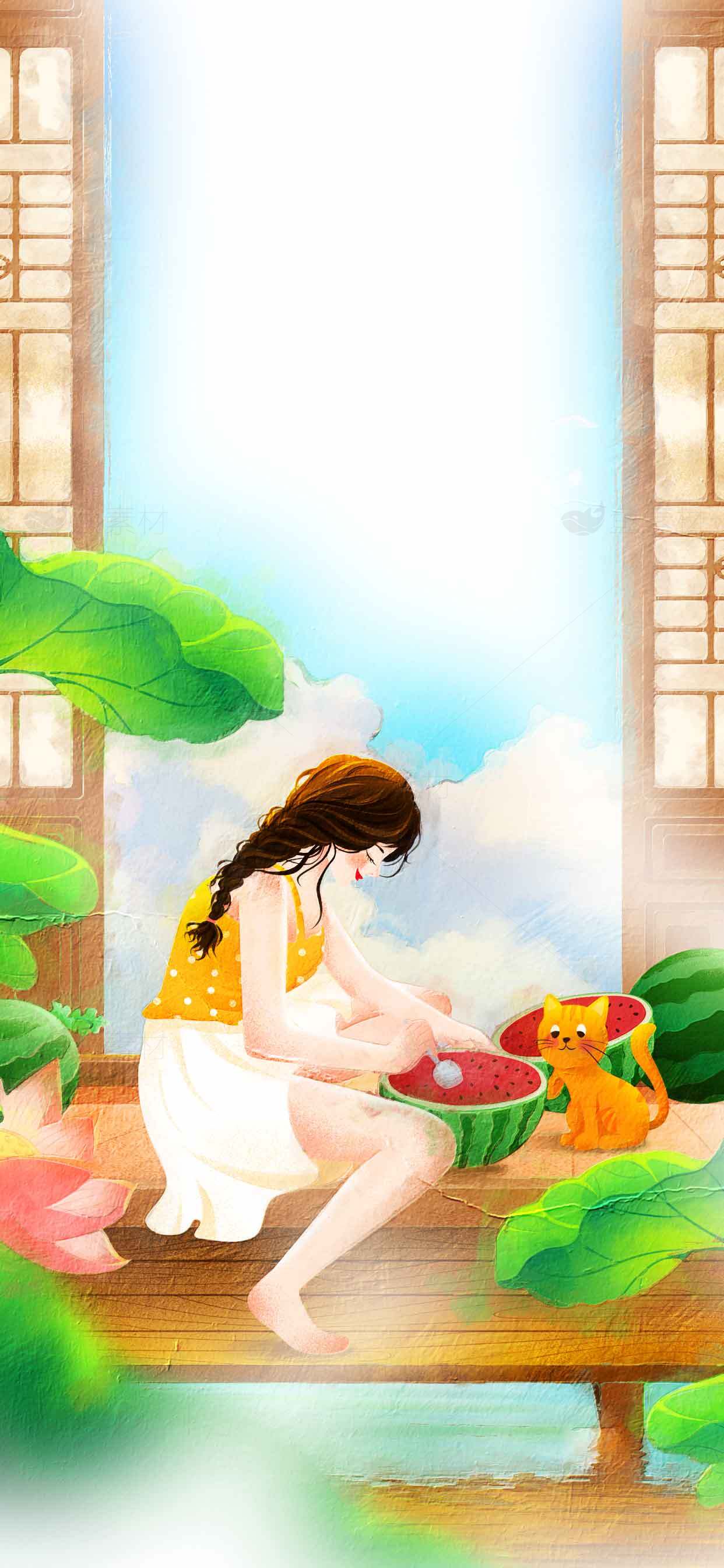 夏日田园女孩与猫的清新插画素材