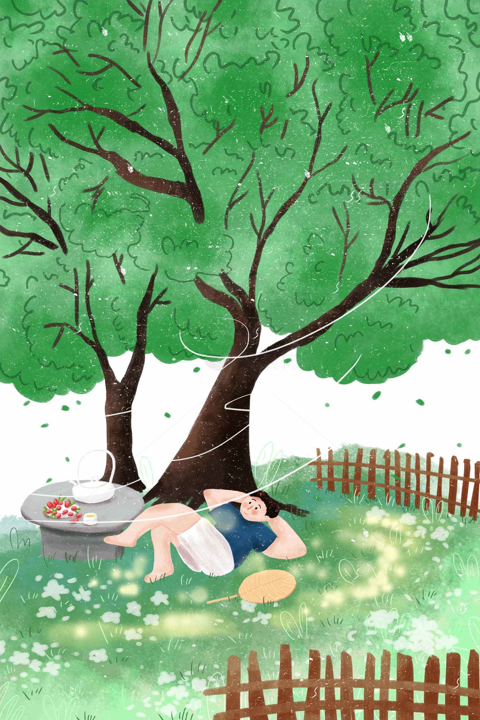 夏日树荫下的悠闲时光插画素材