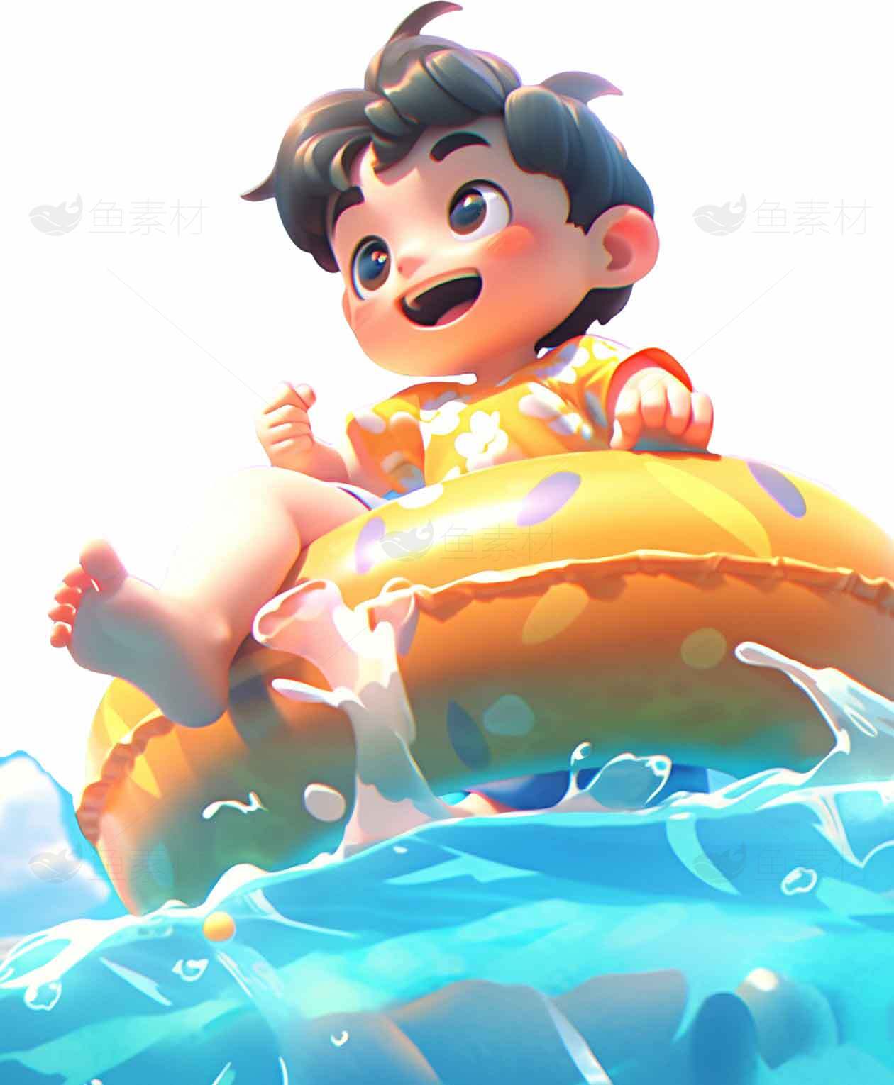 夏日戏水卡通插画：清凉泳圈与水花飞溅素材