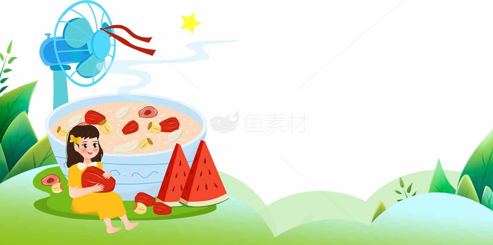 夏日清凉西瓜与甜品插画背景素材