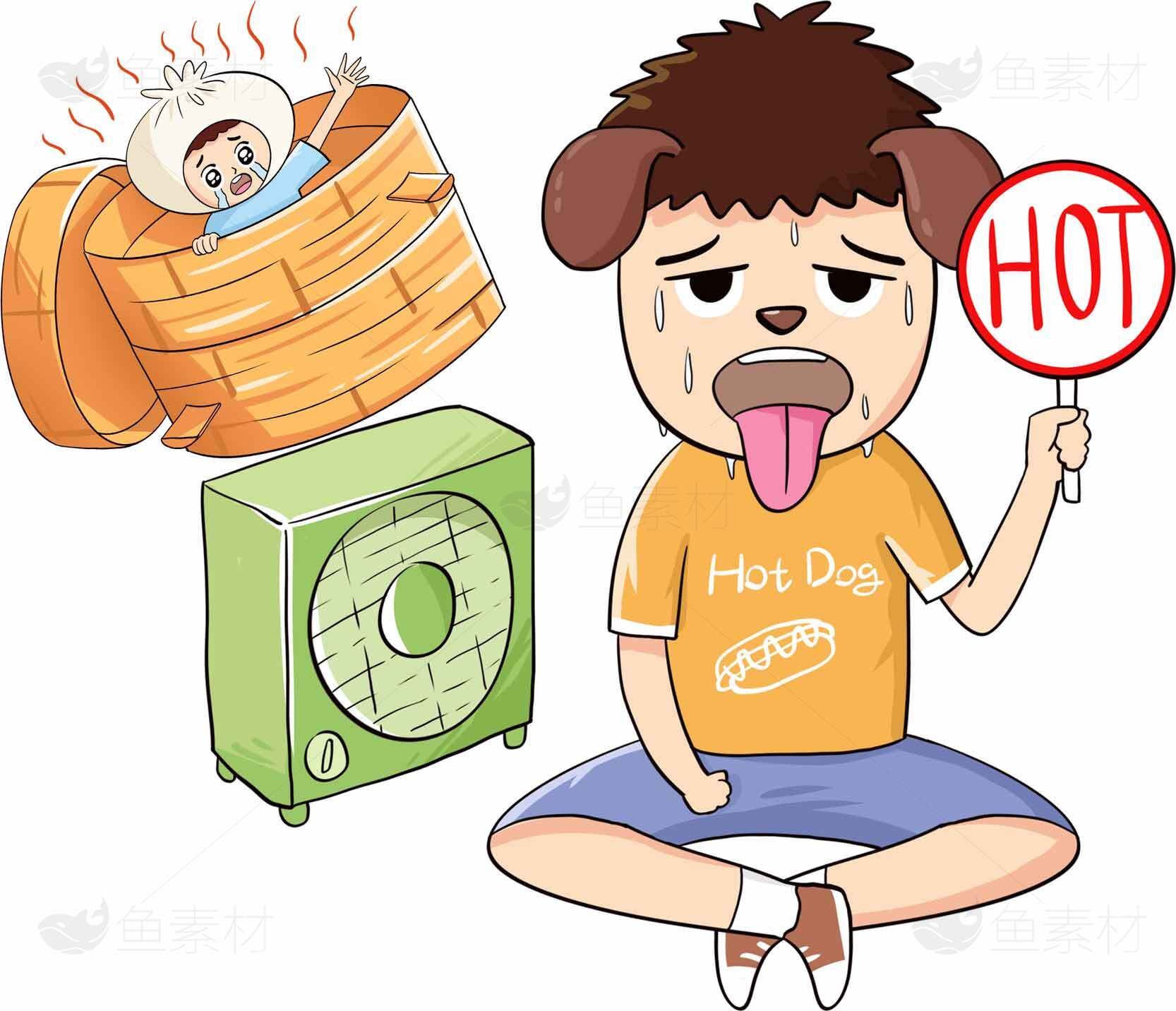 夏季高温卡通插画：热狗与蒸笼趣味表现素材