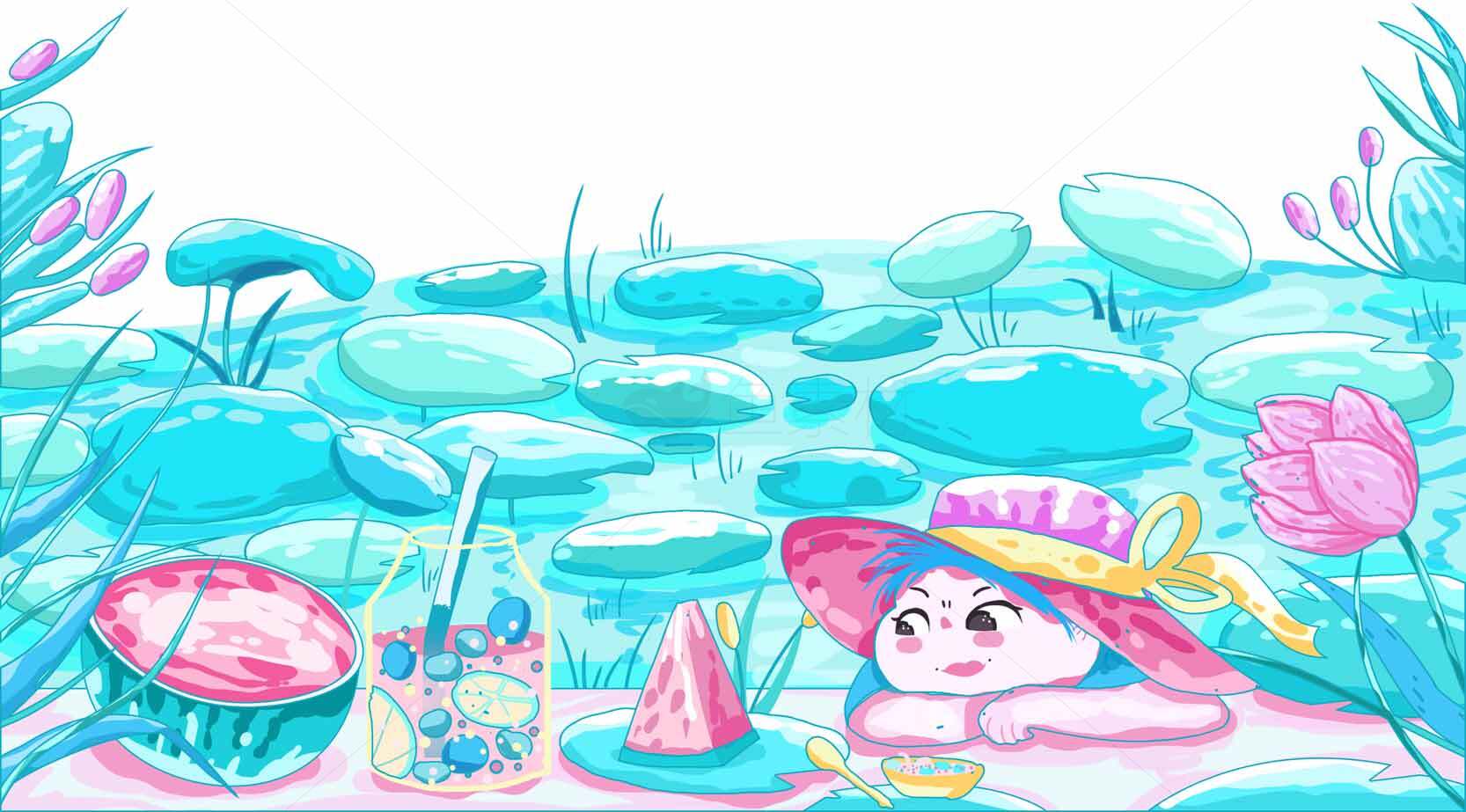 夏日清新荷塘插画设计素材