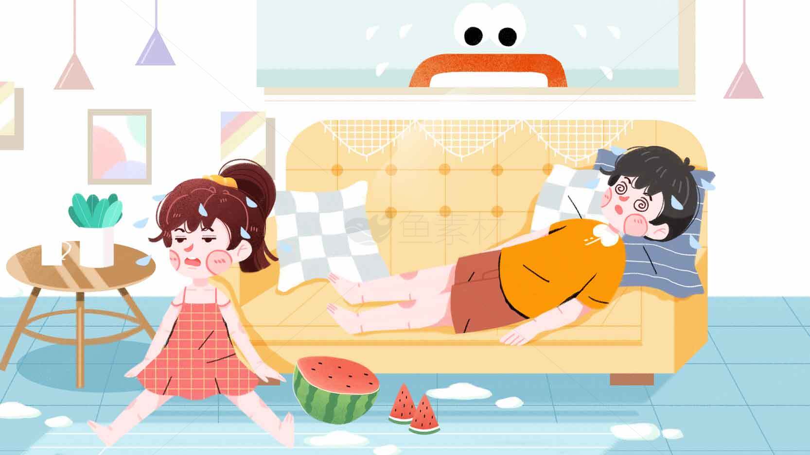 夏日清凉家庭场景插画素材