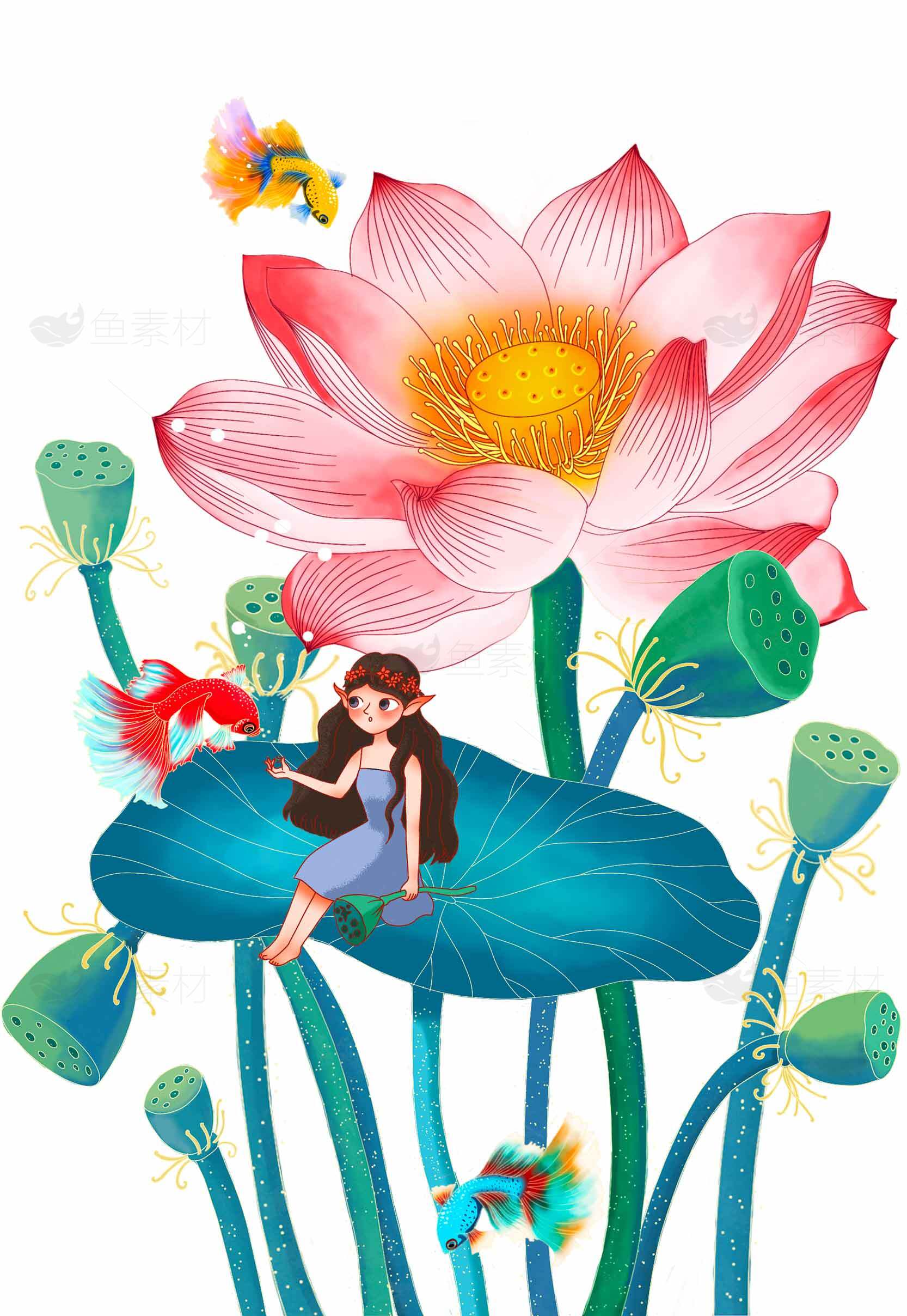 唯美荷花与童话少女插画设计素材
