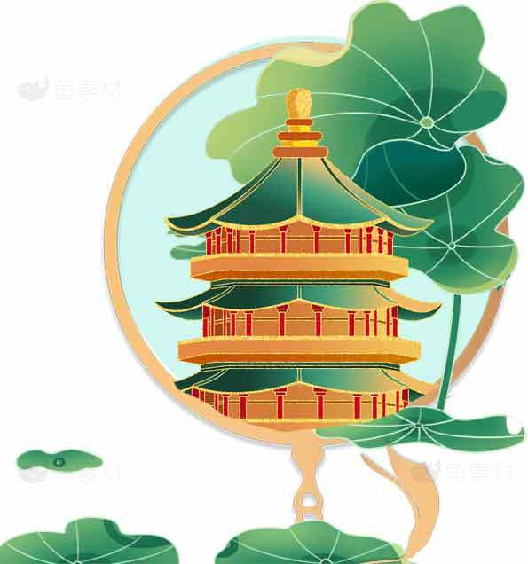 杭州雷峰塔与荷叶意境插画素材