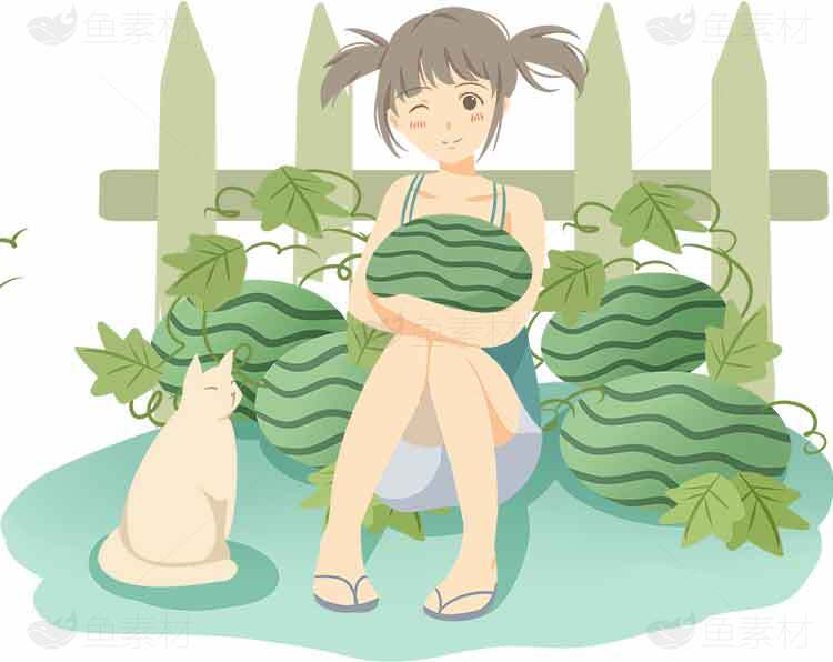 夏日田园西瓜与猫插画素材