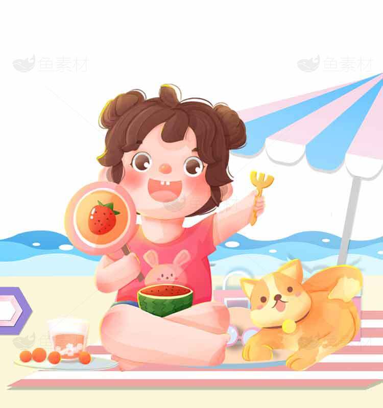 夏日沙滩上的可爱女孩与宠物猫插画素材