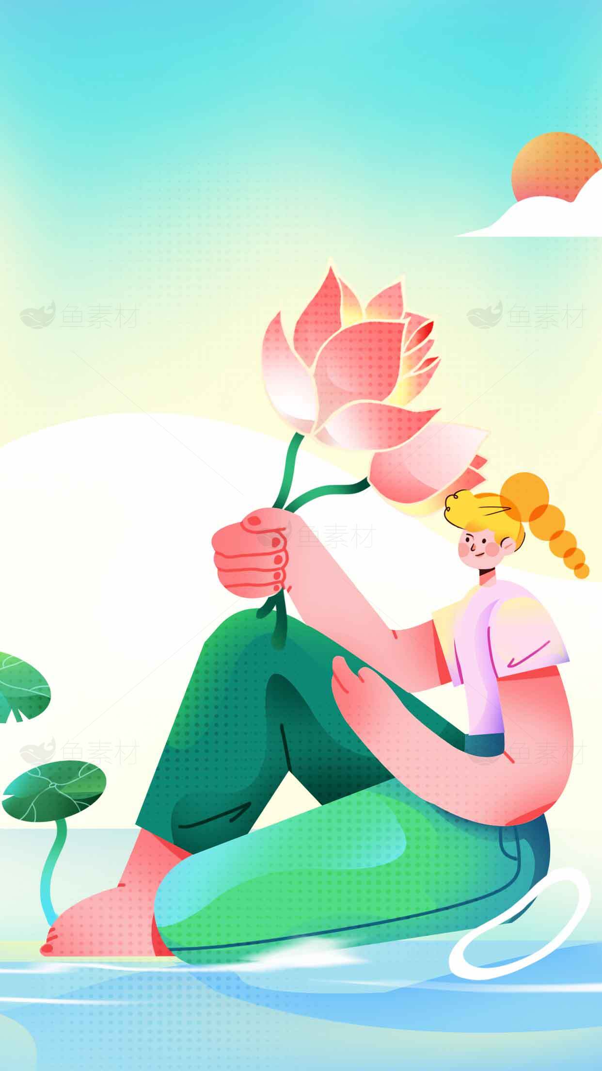清新插画风格女孩与莲花场景素材