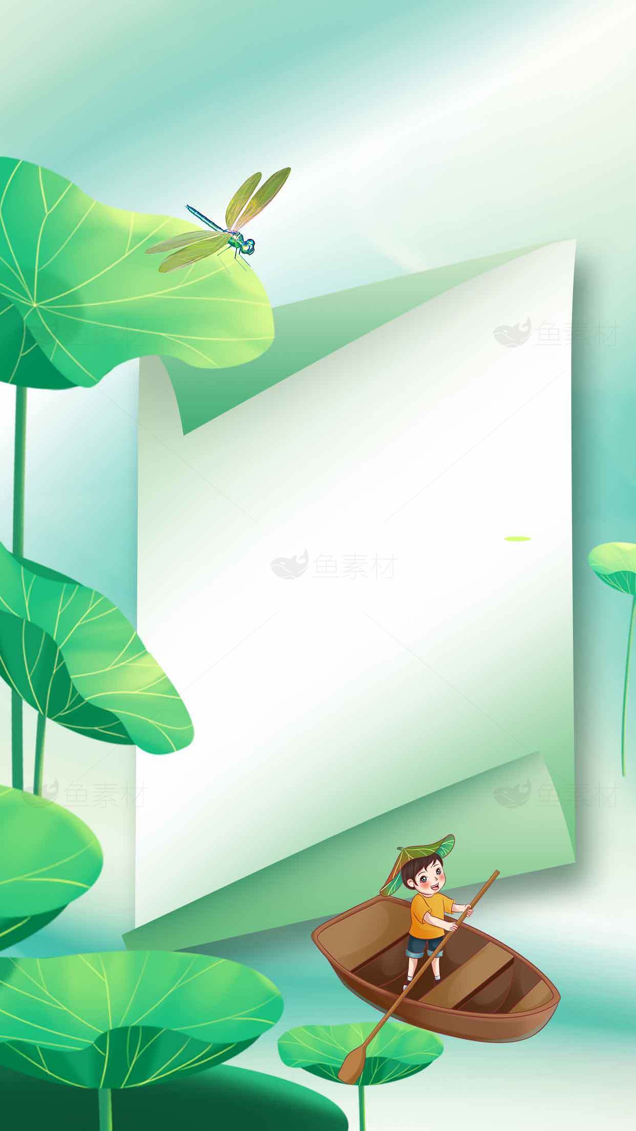 清新夏日荷叶与童趣插画背景图片素材