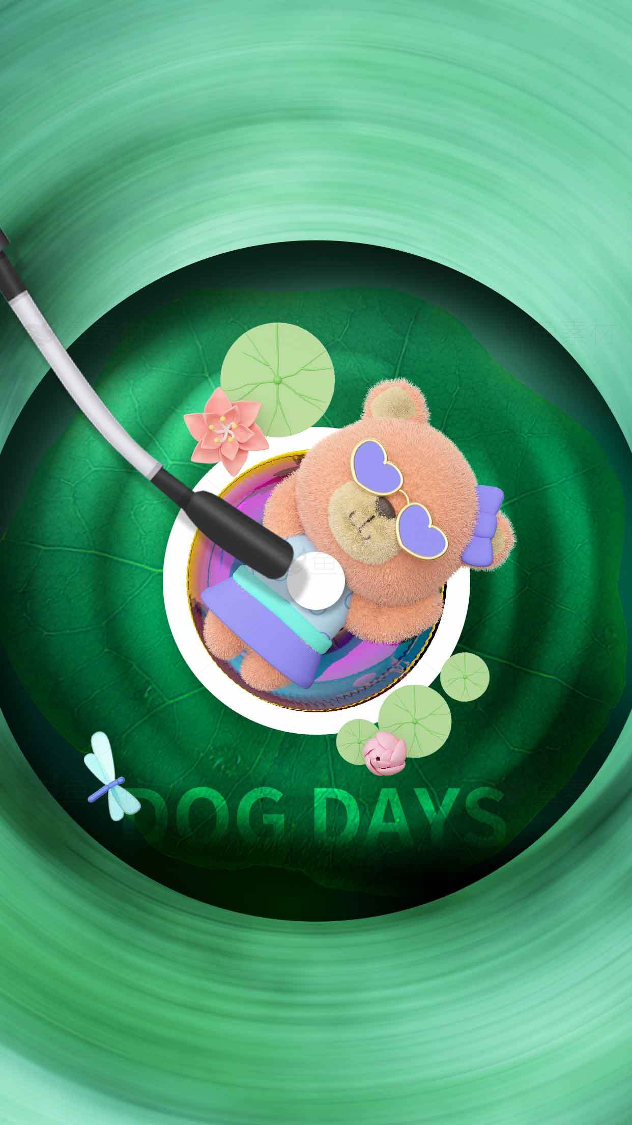 夏日绿意中的可爱玩偶与唱片机素材