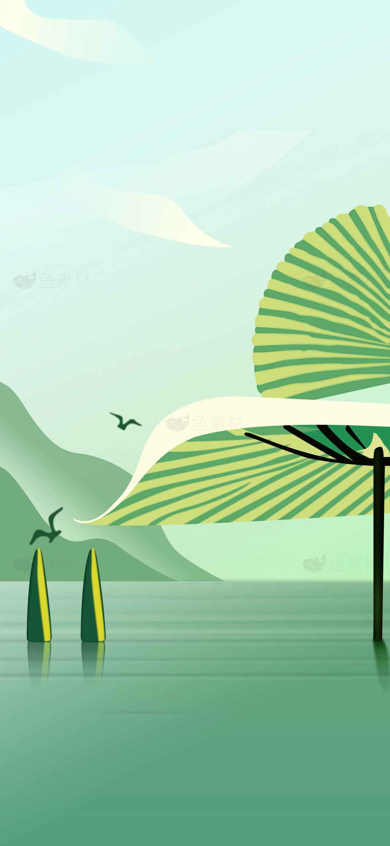 清新自然风景插画：湖泊与绿叶意境素材