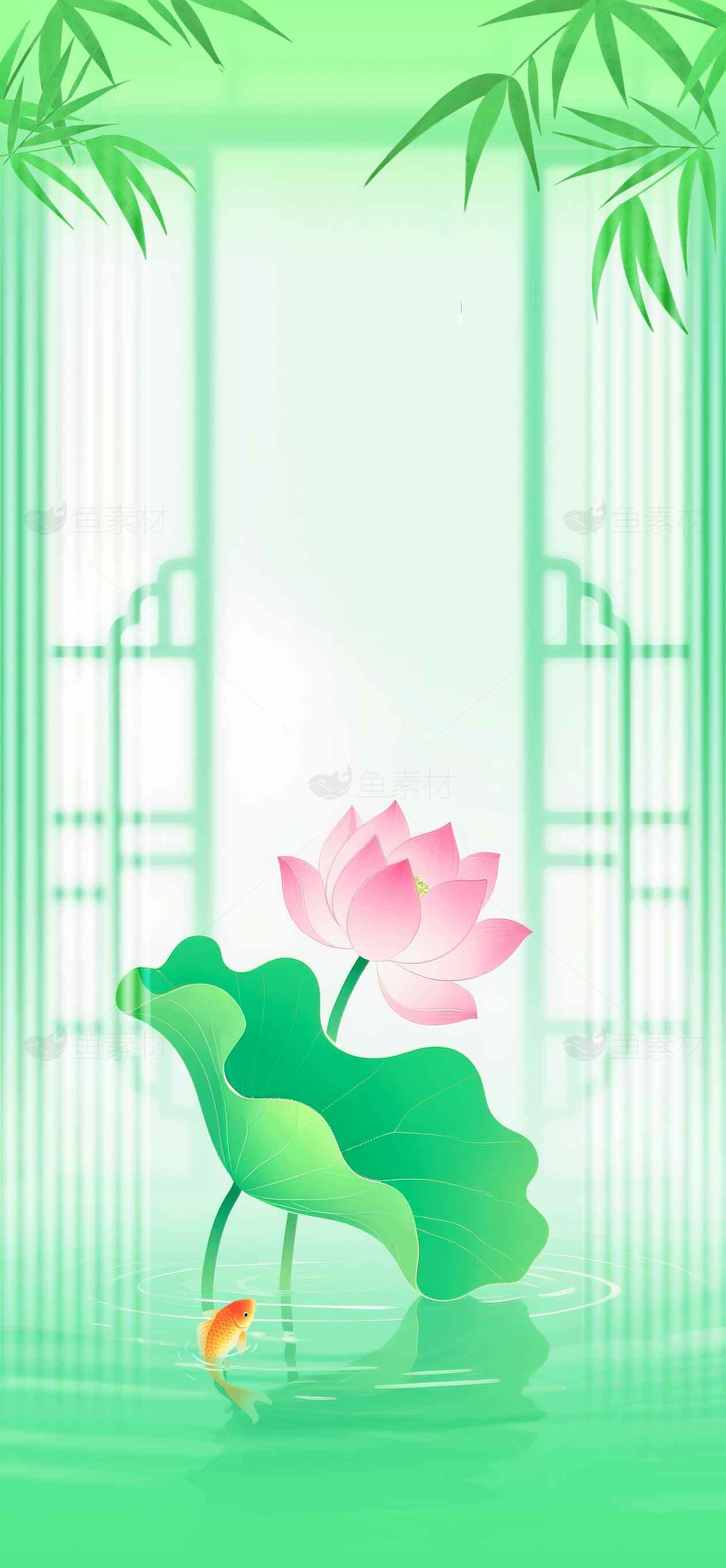 清新荷花与竹林背景图片素材