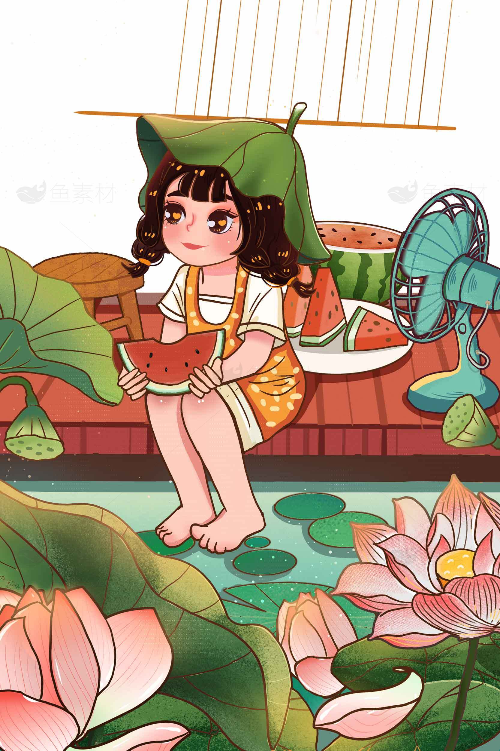 夏日荷塘清凉插画：西瓜与荷叶的童趣时光素材