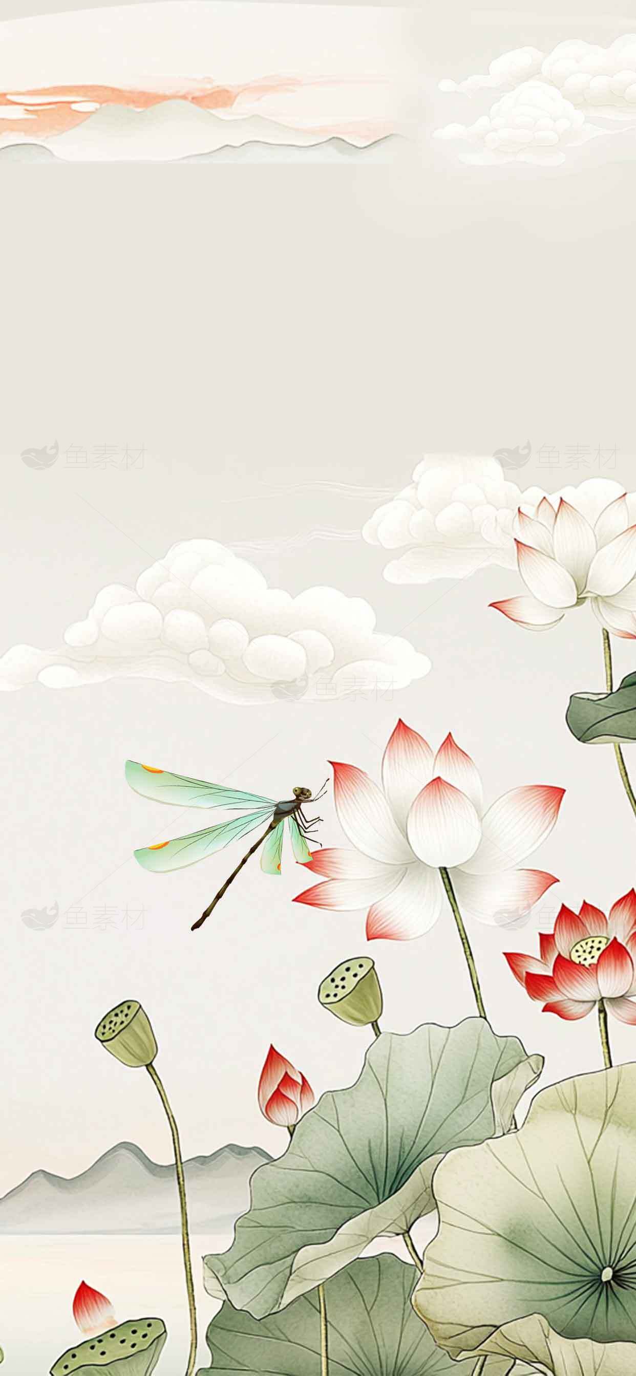 国风荷花与蜻蜓唯美插画背景图片素材