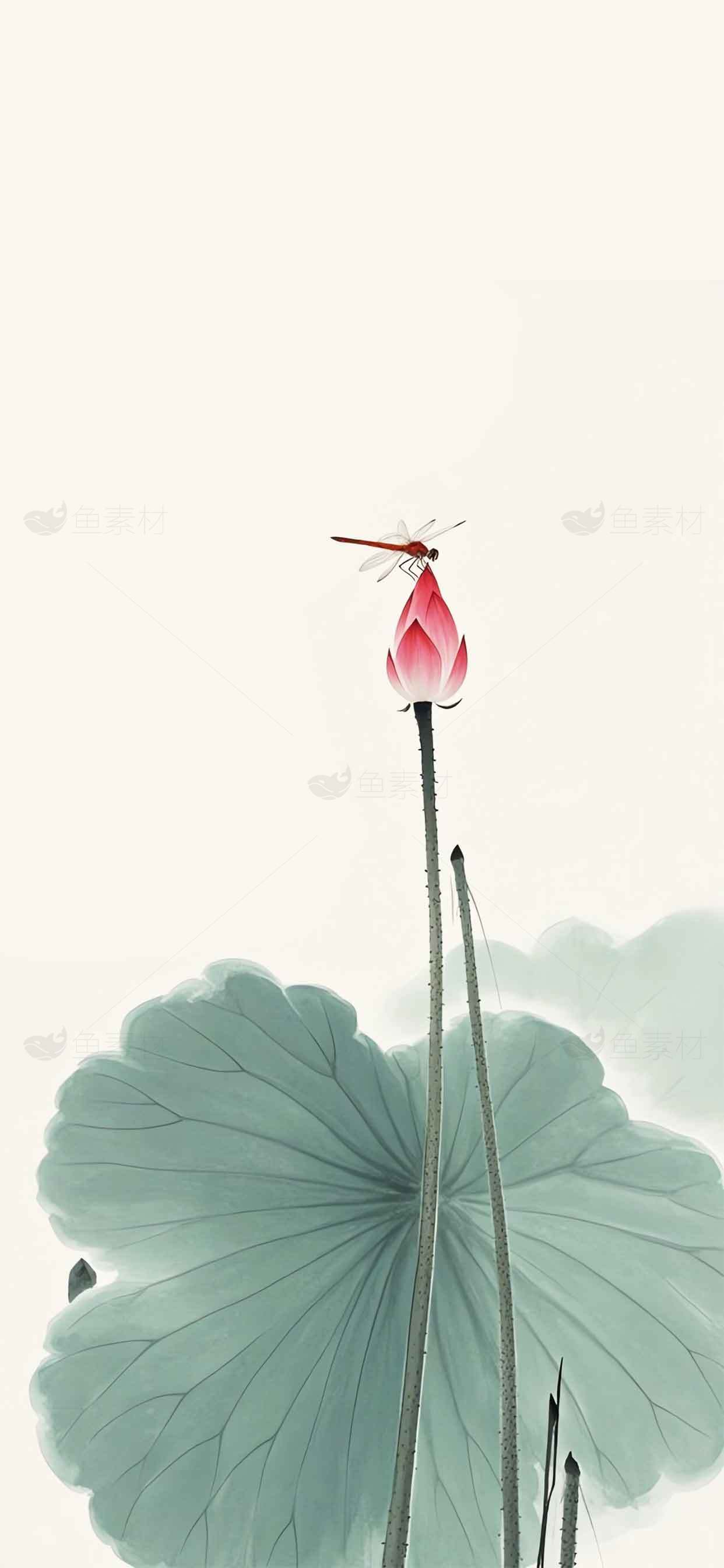 唯美荷花与蜻蜓国画风背景图片素材