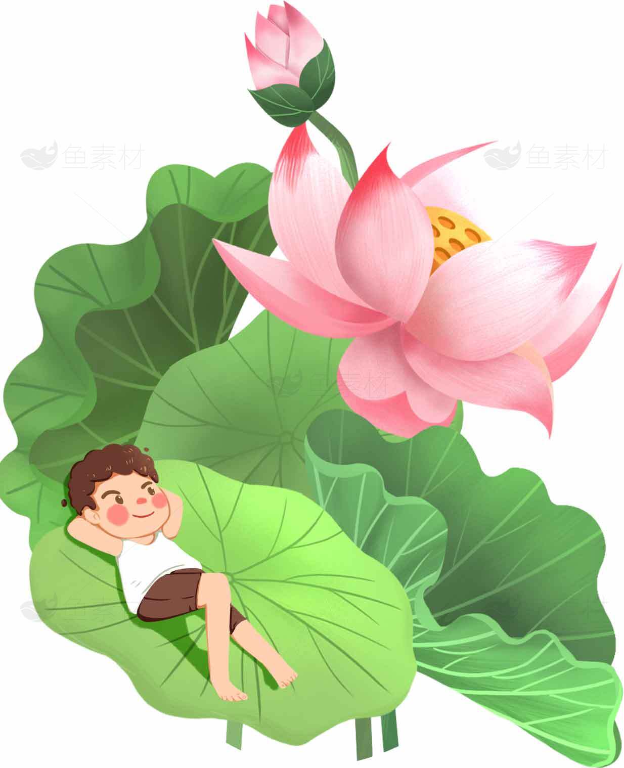 荷叶与荷花的童趣插画设计素材