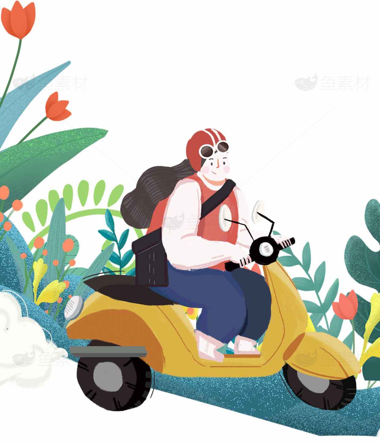骑着黄色踏板车的插画女孩与自然背景素材