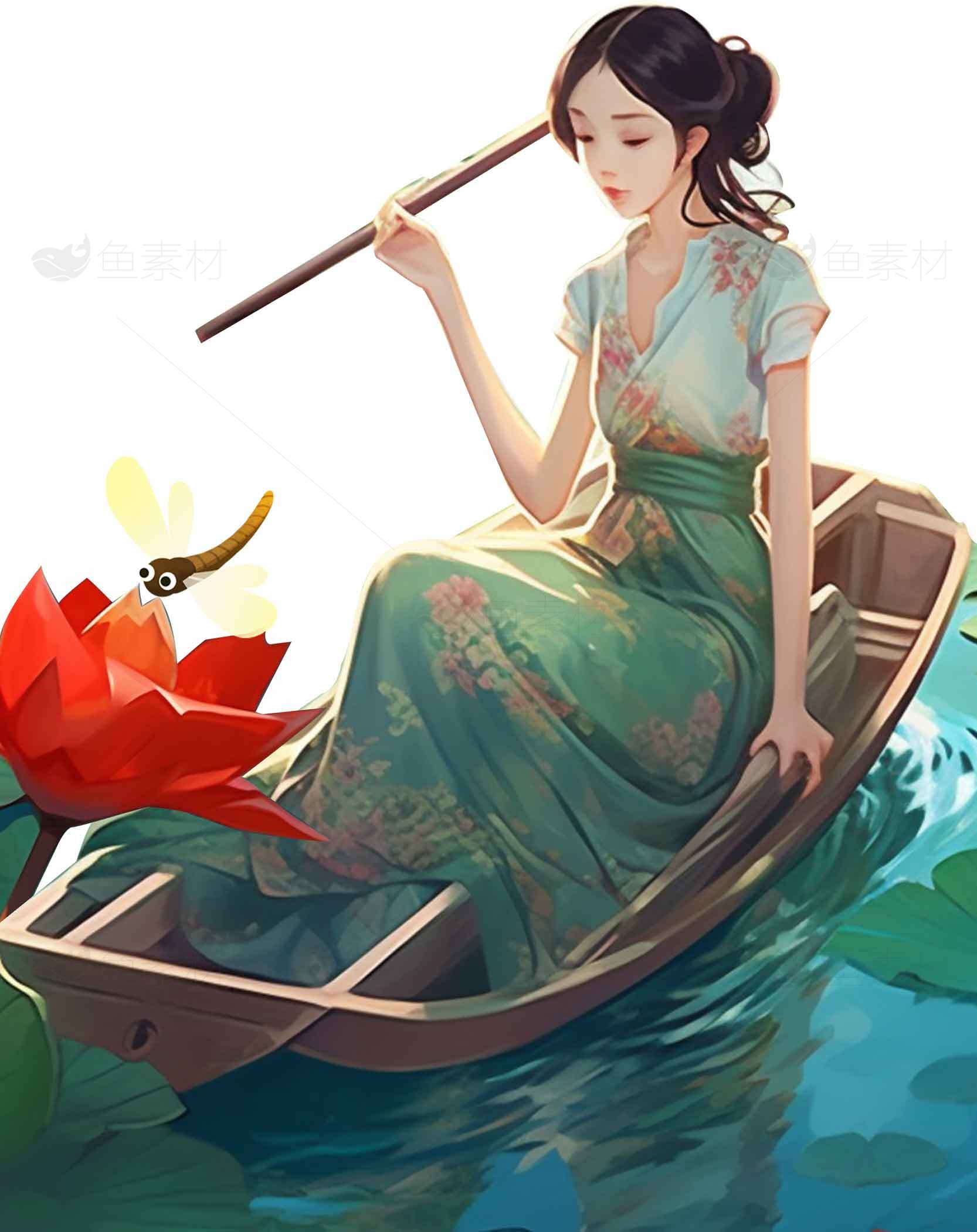 古风女子泛舟荷塘唯美插画素材