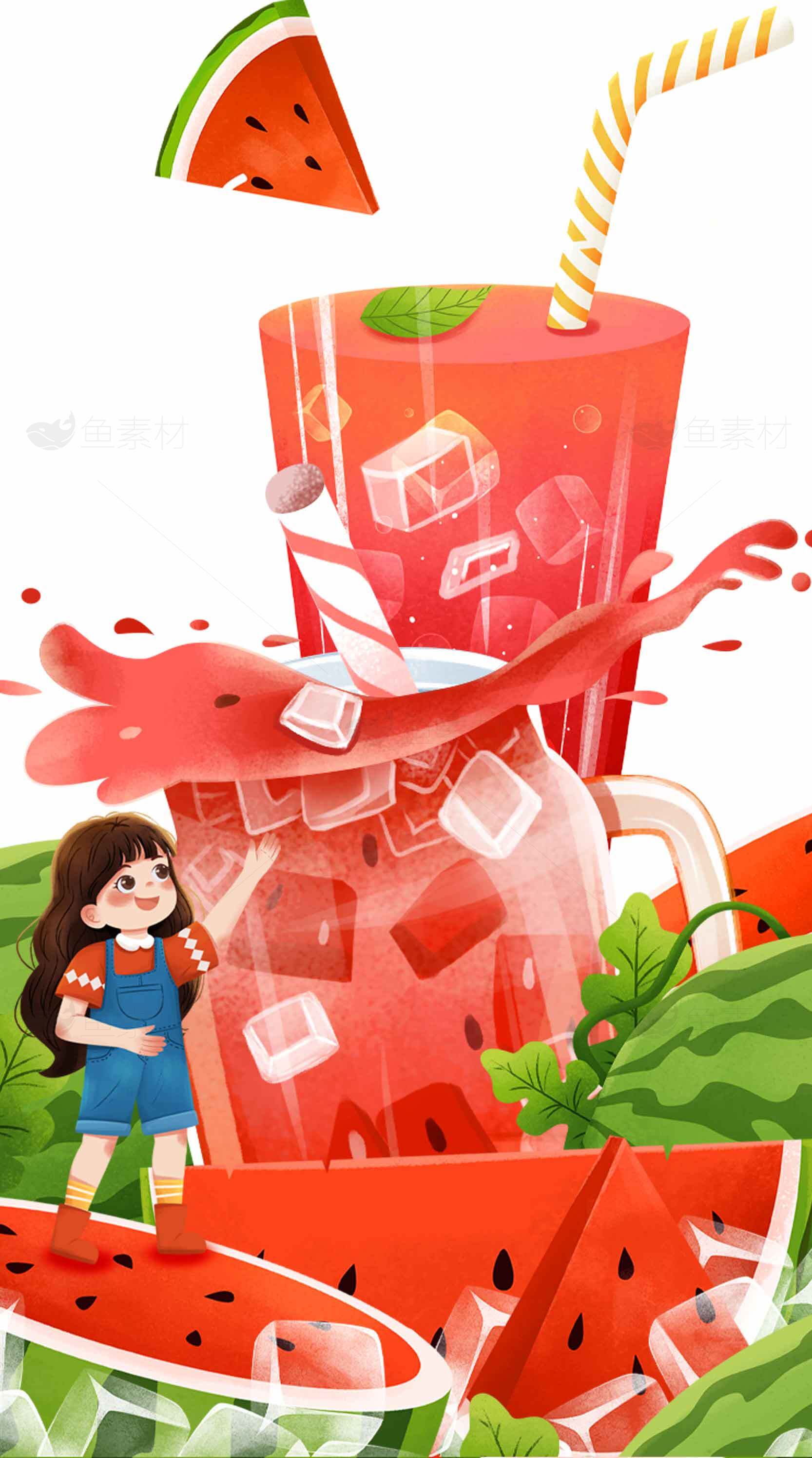 夏日清凉西瓜汁与女孩插画设计素材