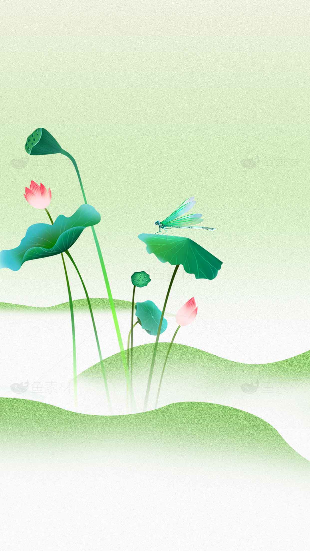 清新荷花与蜻蜓插画背景：唯美自然风景素材