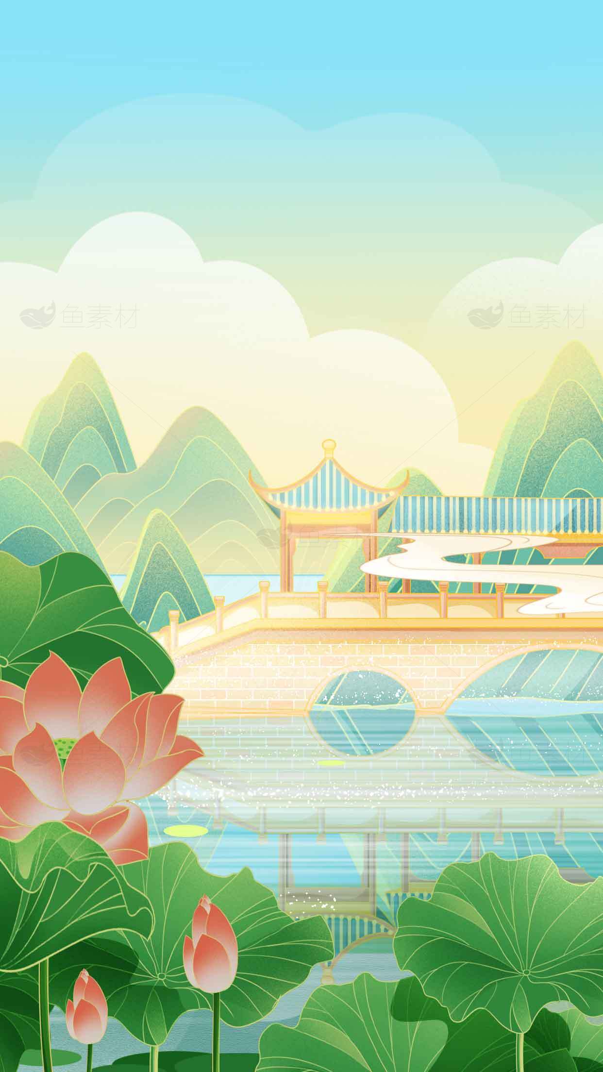 诗意山水画面：古建筑与荷花交织的山川河流背景素材