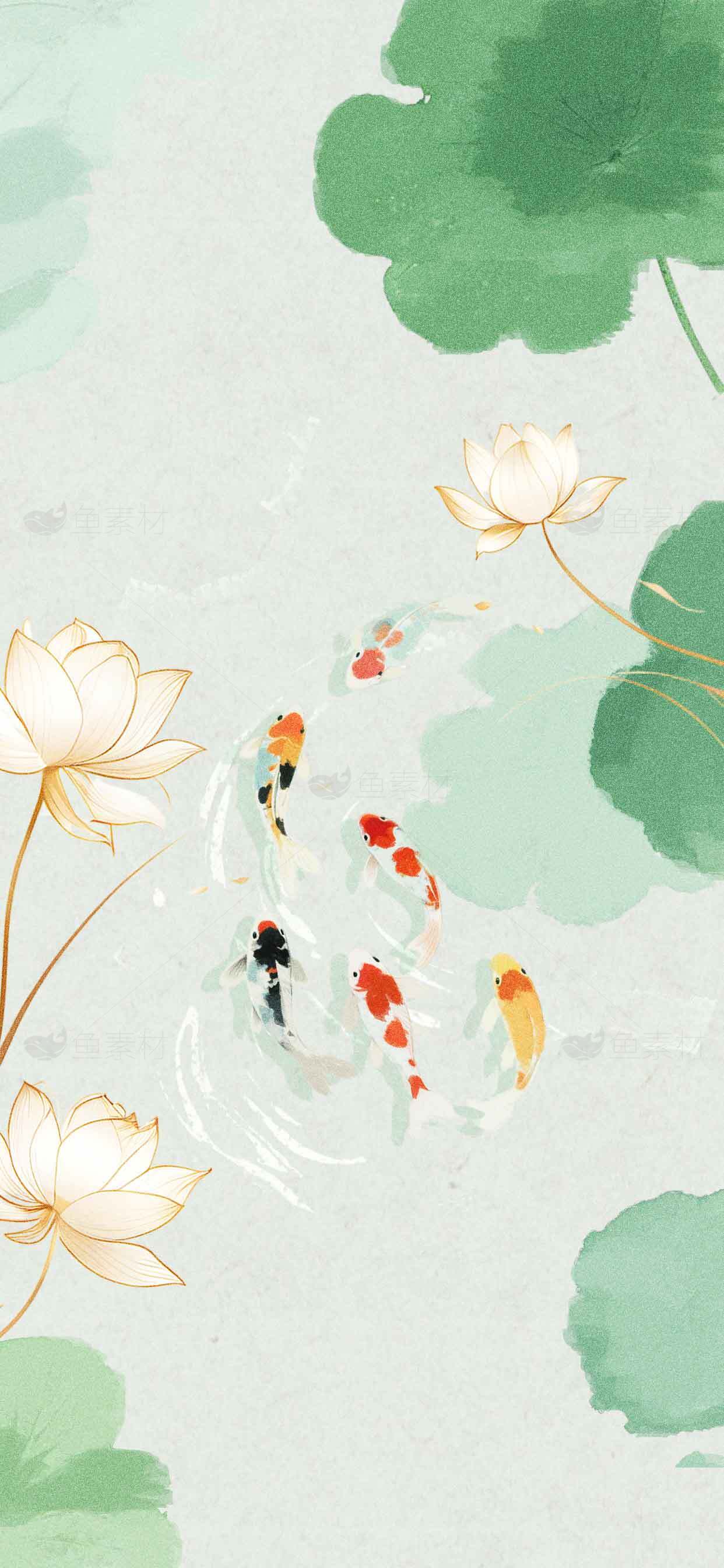唯美荷花与锦鲤水墨画背景图片素材
