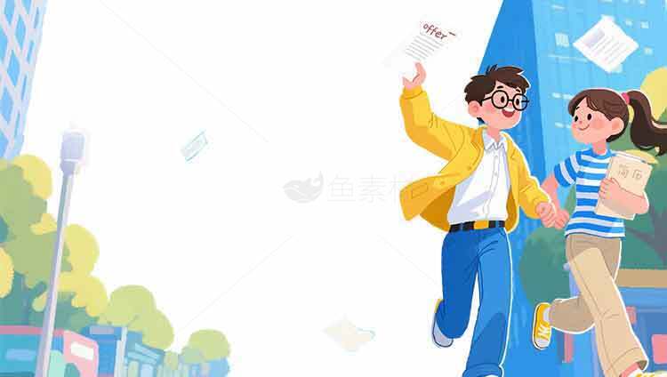 校园青春卡通插画：学生快乐奔跑场景素材