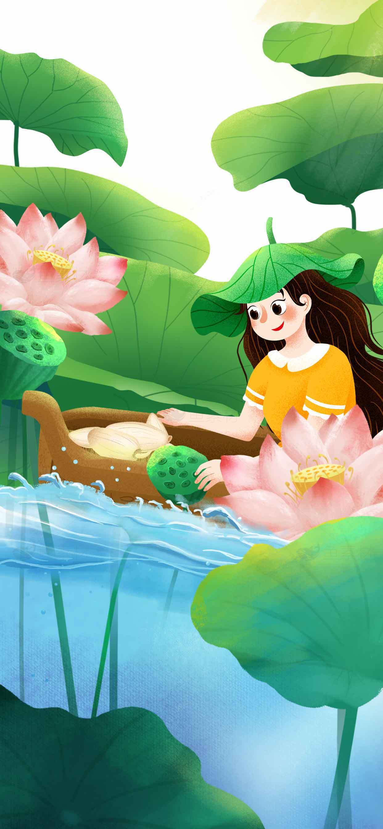 荷花池畔的夏日童趣插画素材