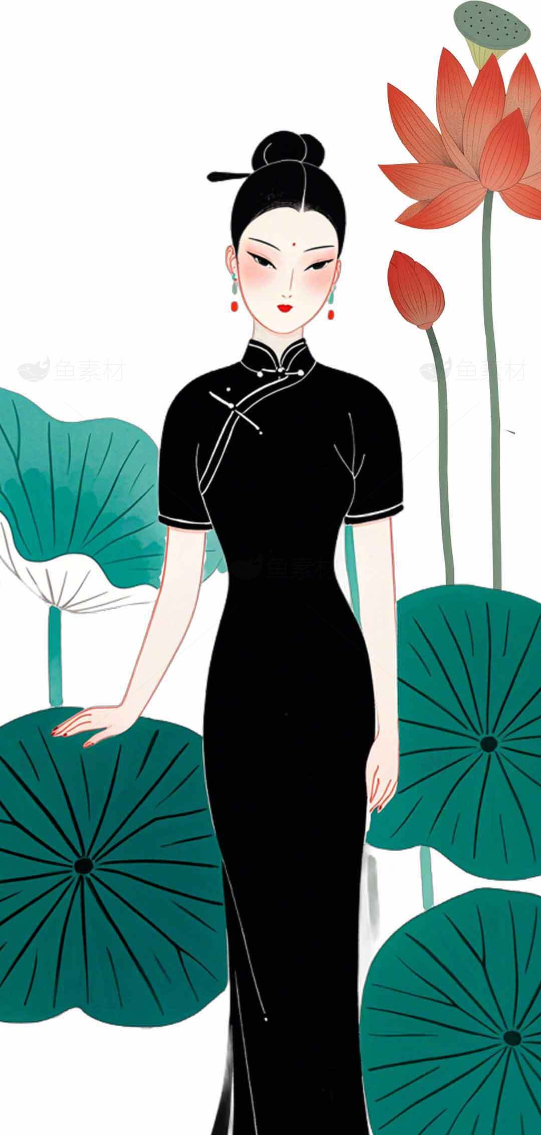 优雅旗袍女子与荷花背景插画素材