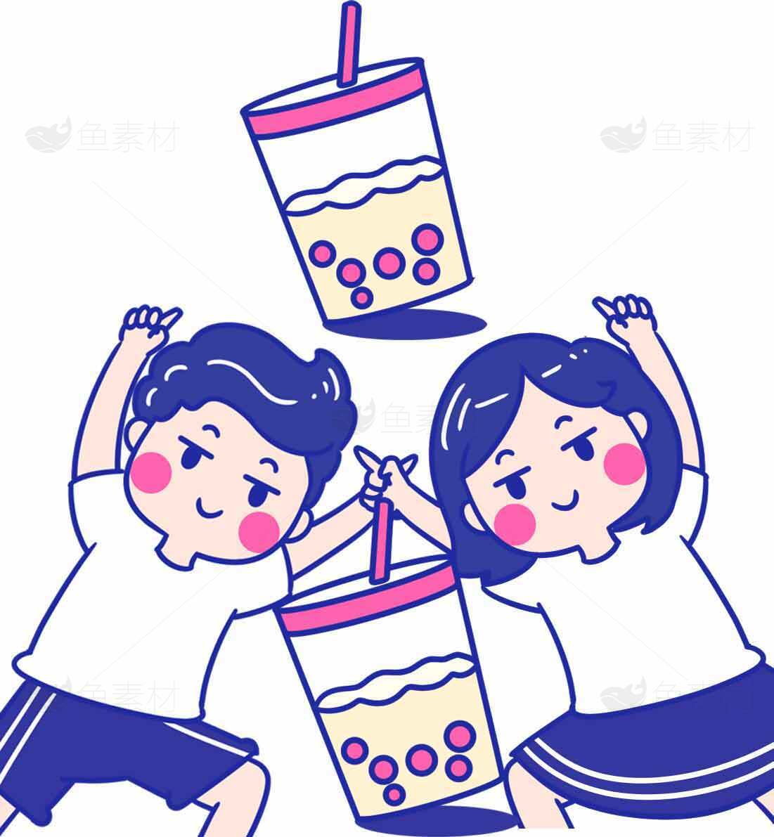 卡通情侣与奶茶插画设计素材