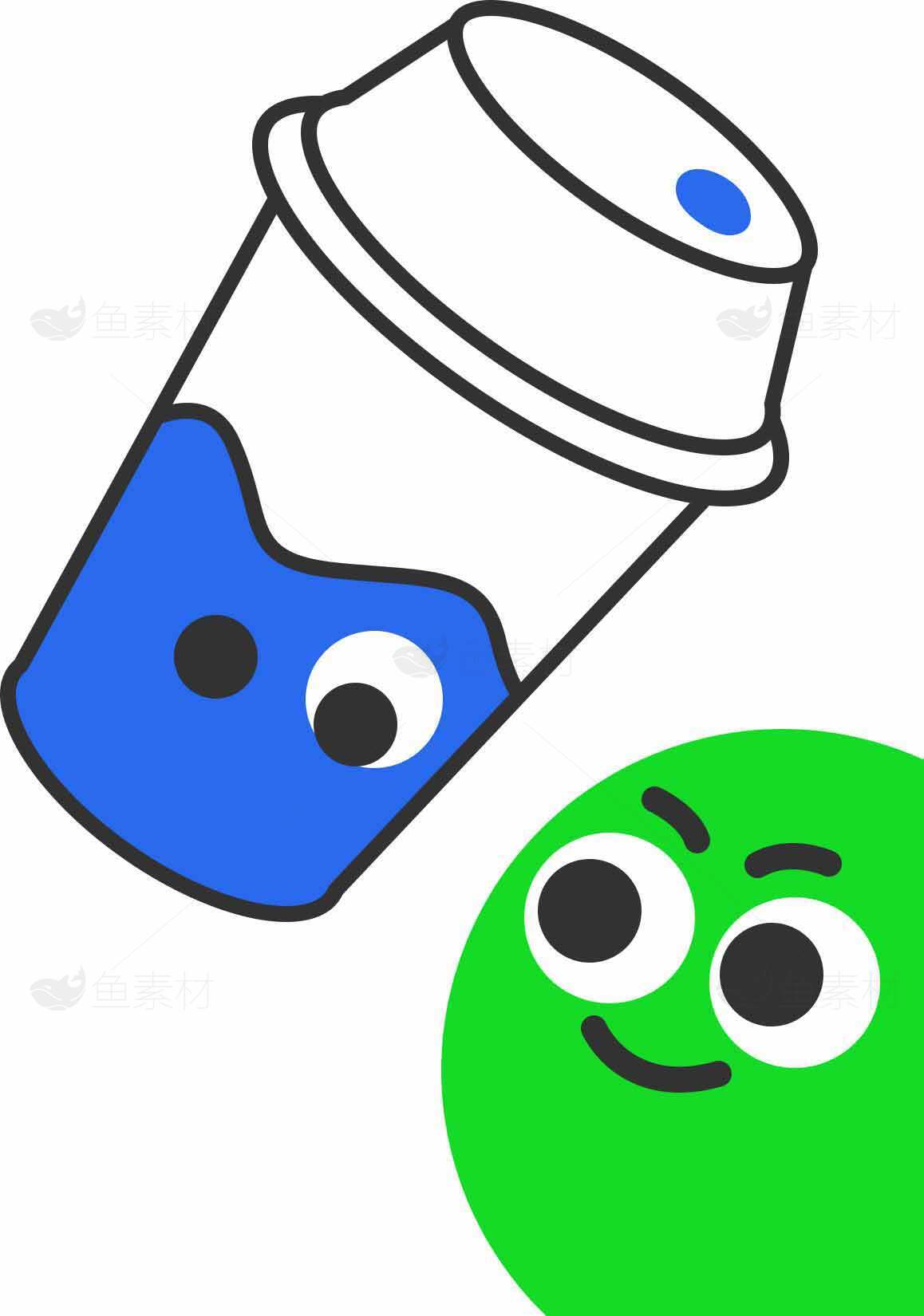 卡通风格饮料杯与绿色笑脸插画设计素材