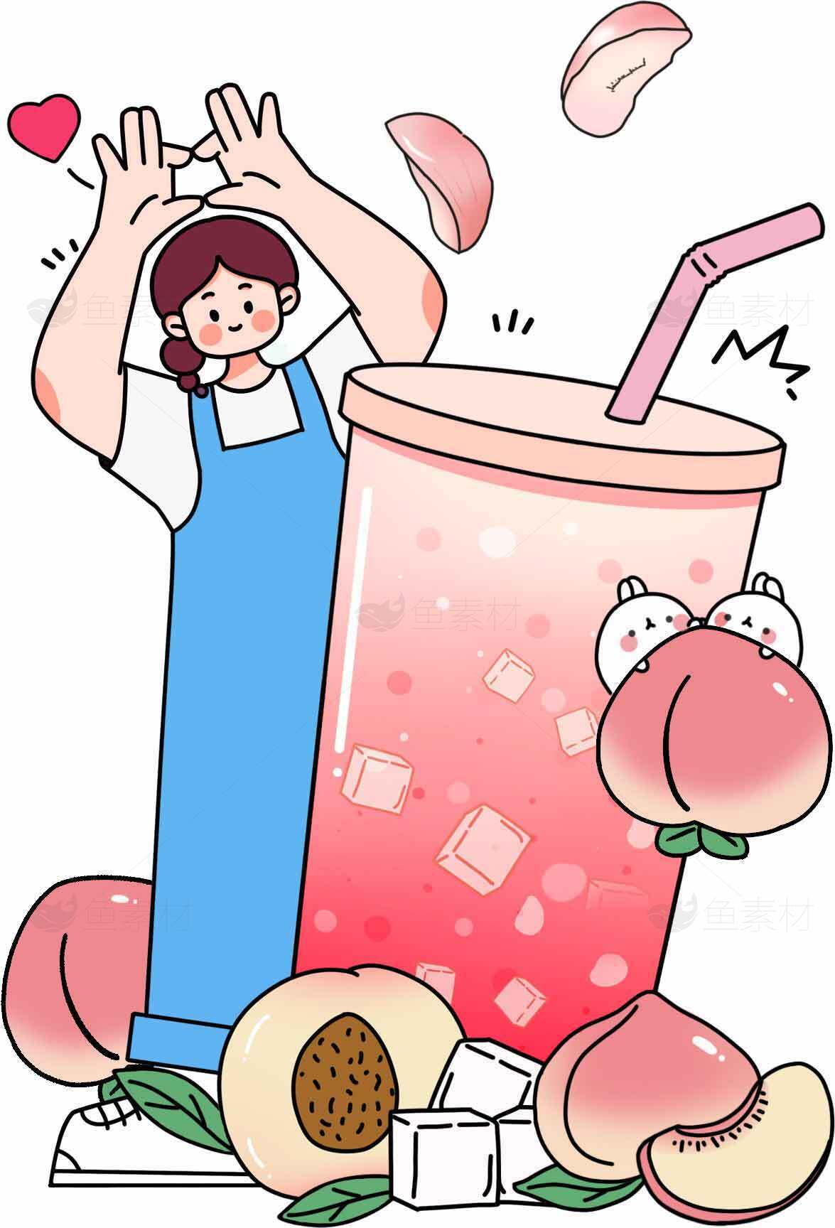桃子主题饮品插画设计：清新果汁与可爱元素素材